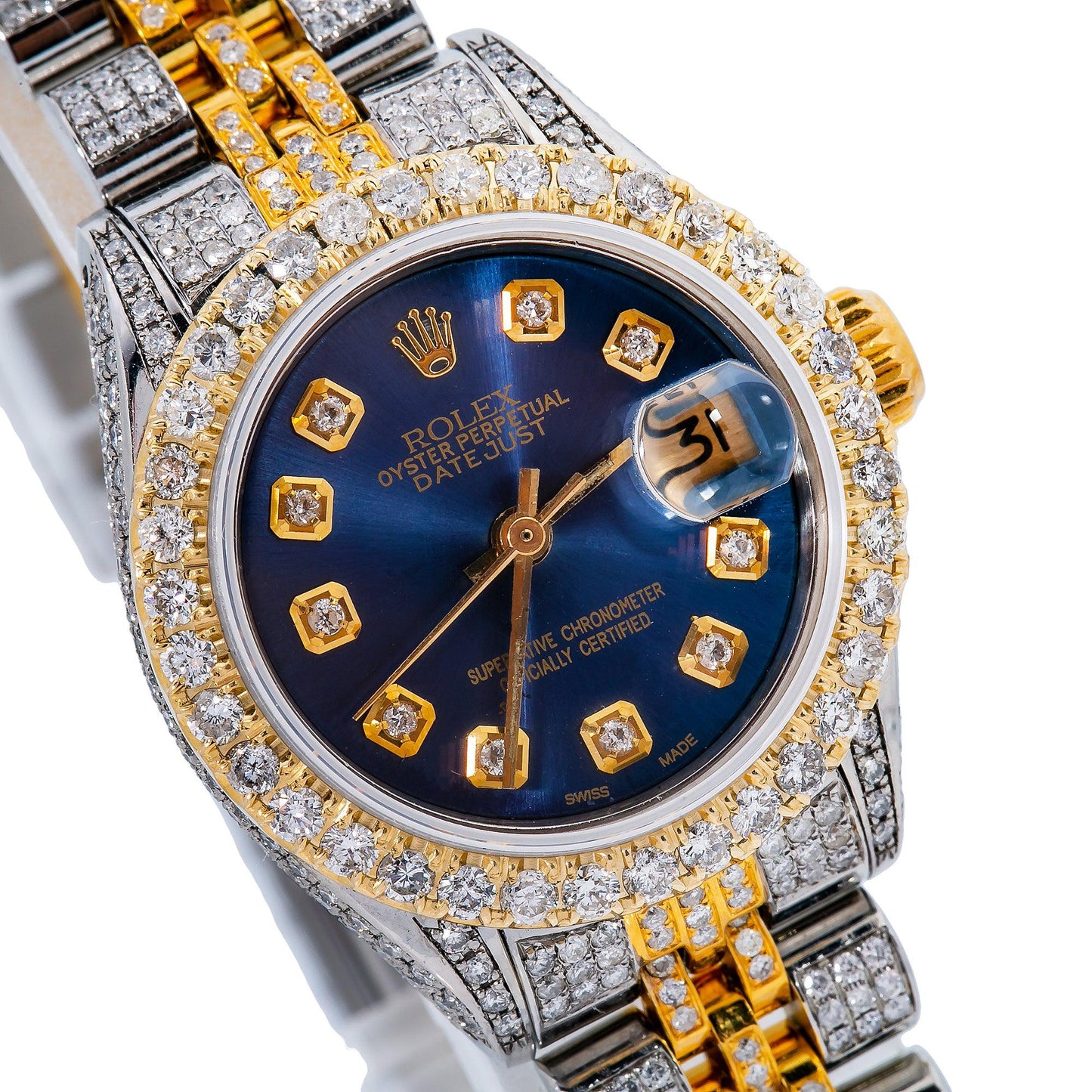 Rolex Datejust 26MM 69173 Blue Diamond Dial Diamond Bezel Two Tone Yellow Gold Full Diamond Jubilee Bracelet