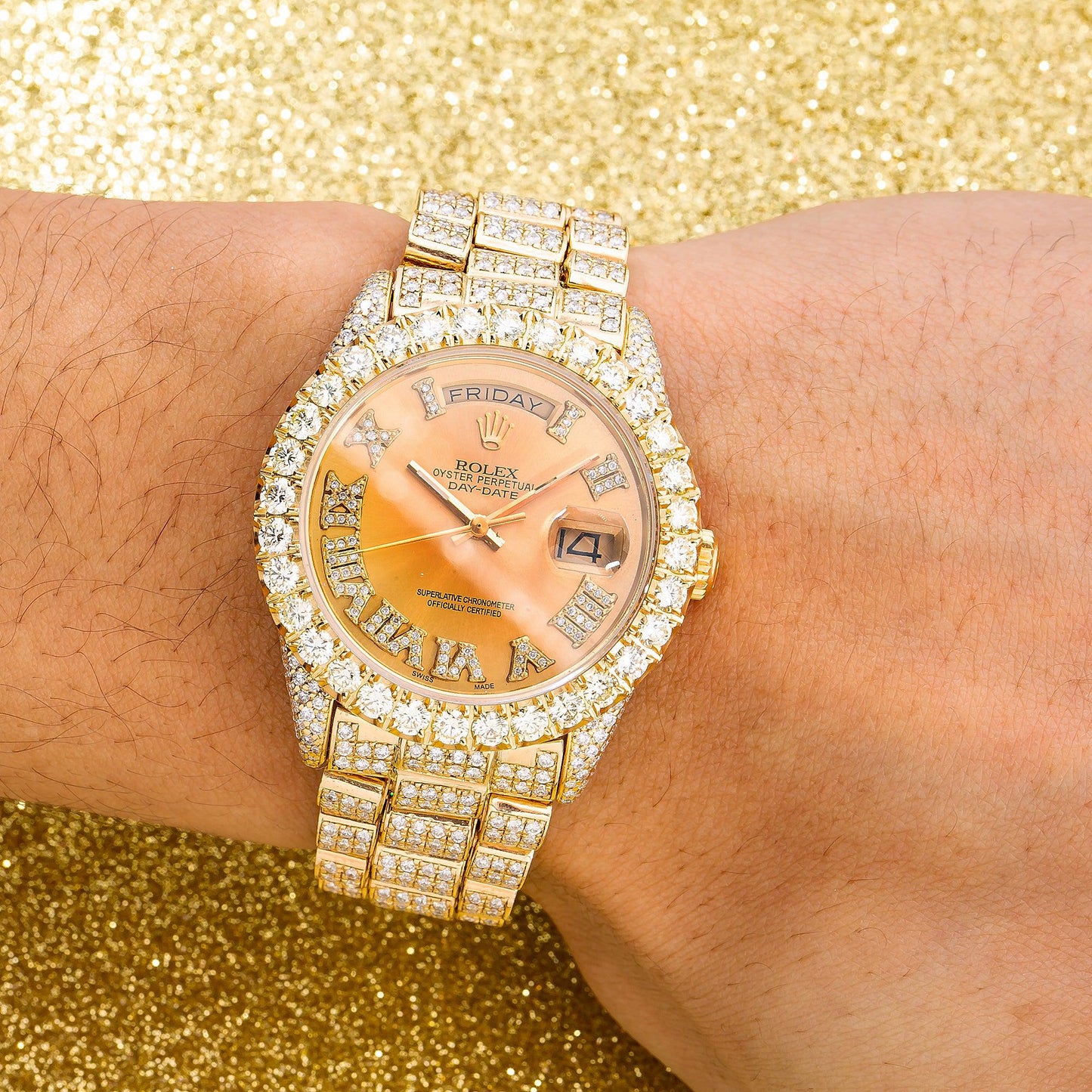 Rolex Day-Date 36MM 18038 Champagne Roman Diamond Dial Diamond Bezel 18K Yellow Gold Full Diamond President Bracelet