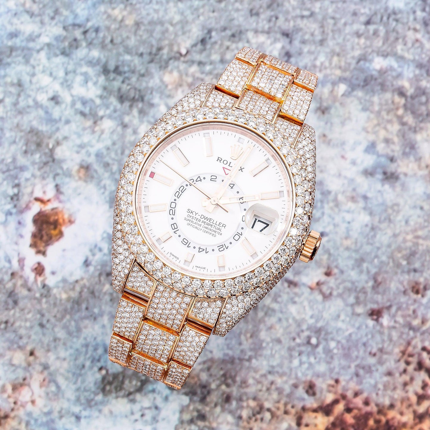 Rolex Sky-Dweller 42MM 326935 Silver Dial Diamond Bezel 18K Rose Gold Full Diamond Oyster Bracelet 25.75ct