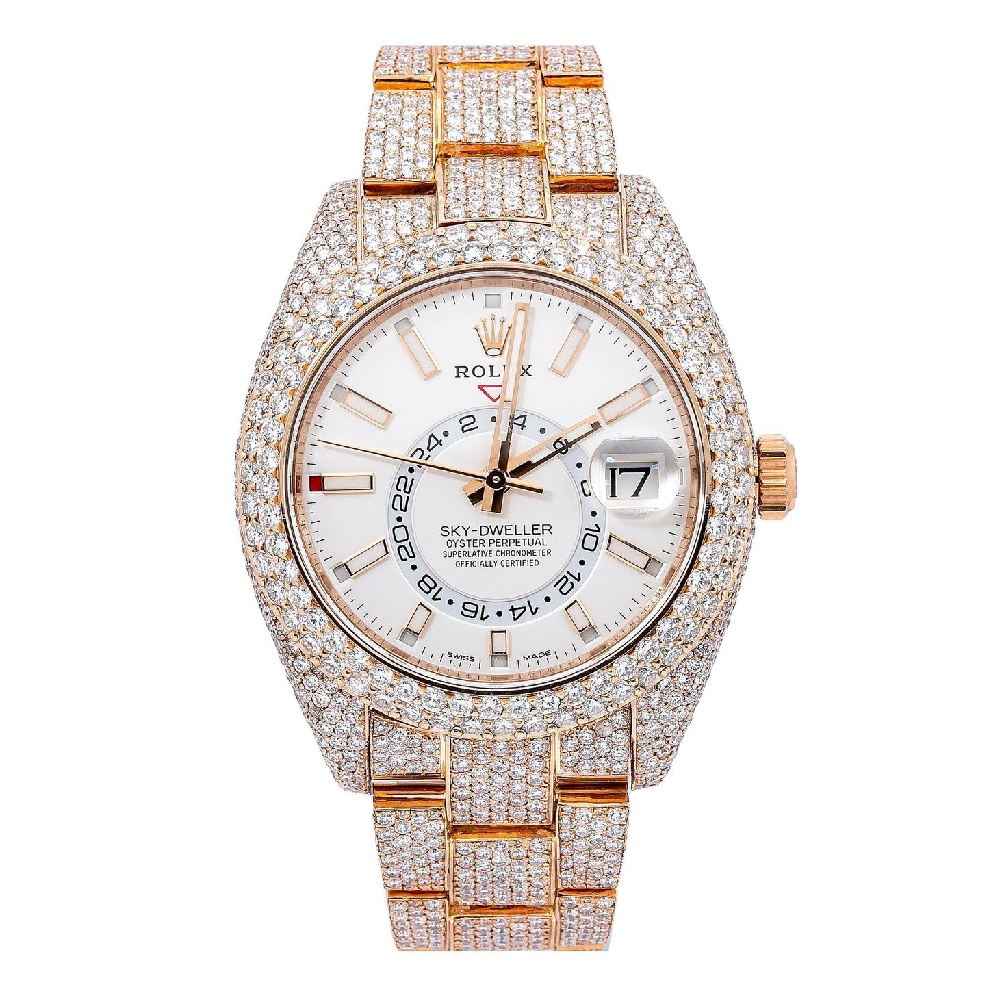 Rolex Sky-Dweller 42MM 326935 Silver Dial Diamond Bezel 18K Rose Gold Full Diamond Oyster Bracelet 25.75ct