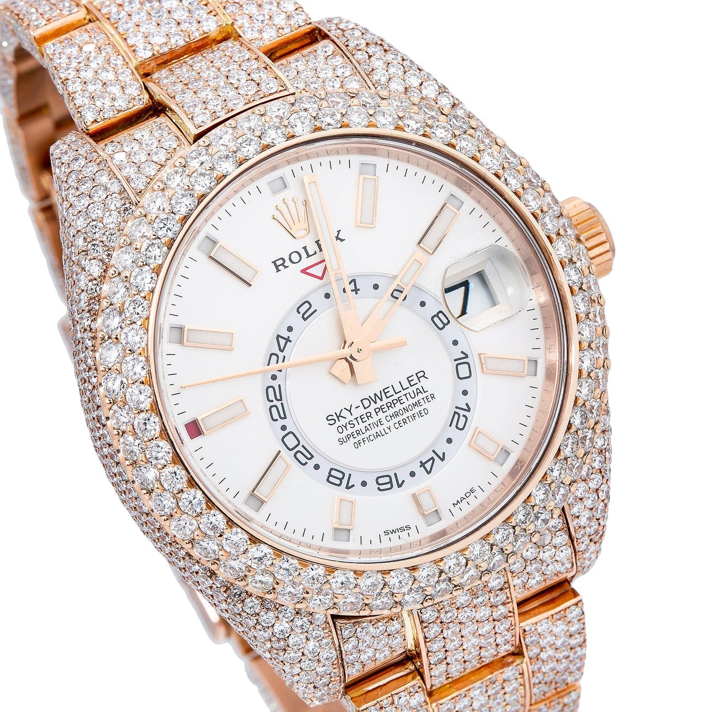 Rolex Sky-Dweller 42MM 326935 Silver Dial Diamond Bezel 18K Rose Gold Full Diamond Oyster Bracelet 25.75ct
