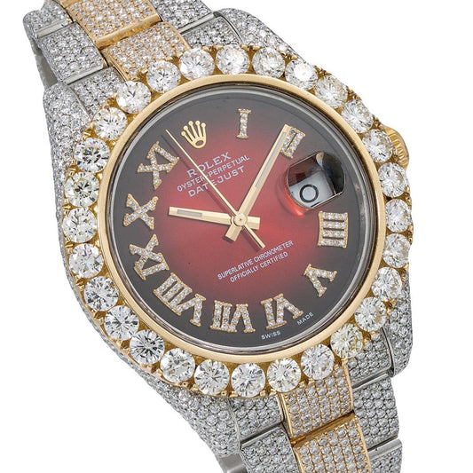 Rolex Datejust II 41MM 116333 Red Roman Diamond Dial Diamond Bezel Two Tone Yellow Gold Full Diamond Oyster Bracelet 25.75ct