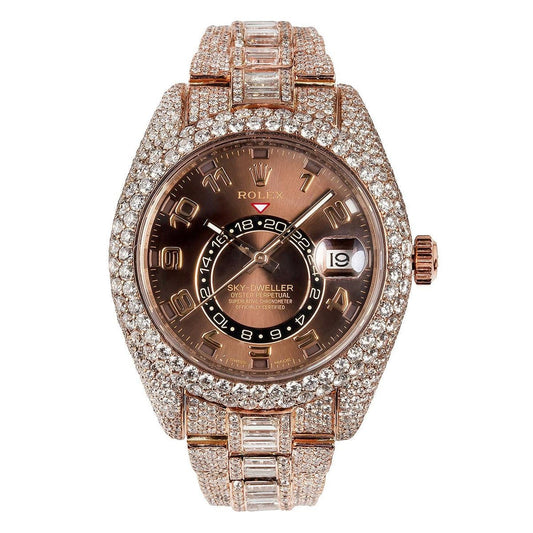 Rolex Sky-Dweller 42MM 326935 Chocolate Dial Diamond Bezel 18K Rose Gold Full Diamond Oyster Bracelet 28.75ct