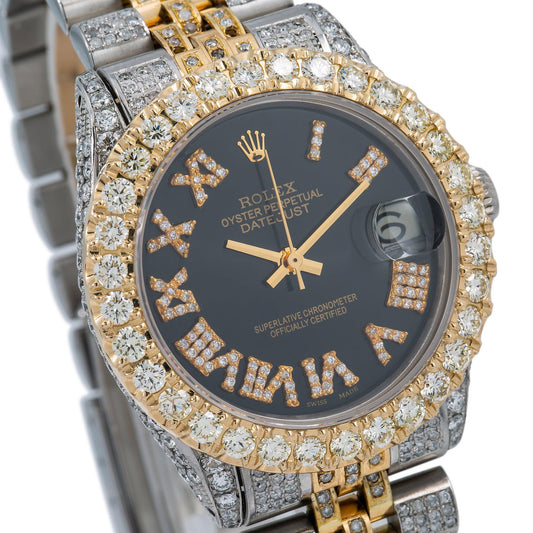 Rolex Datejust 31MM 68273 Black Roman Diamond Dial Diamond Bezel Two Tone Yellow Gold Full Diamond Jubilee Bracelet
