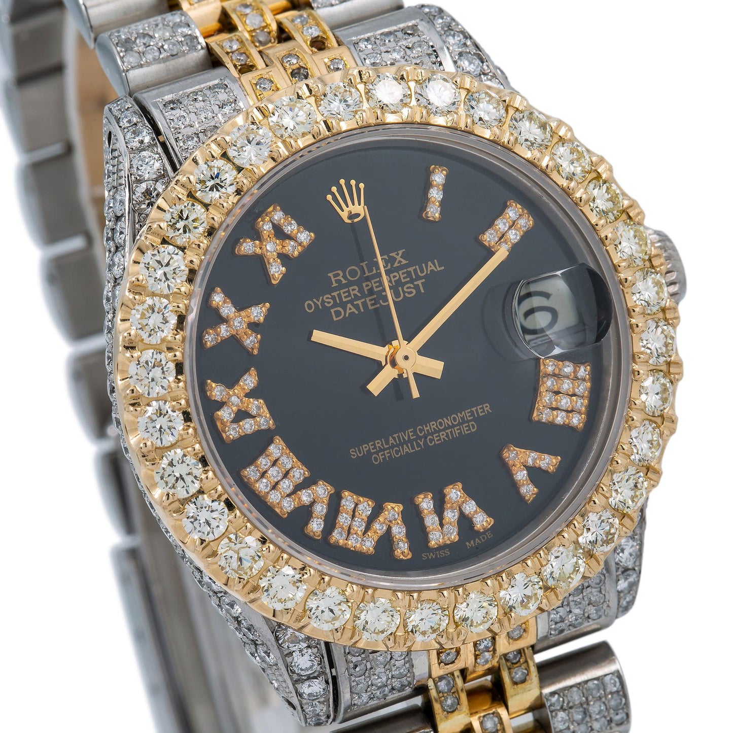 Rolex Datejust 31MM 6824 Black Roman Diamond Dial Diamond Bezel Two Tone Yellow Gold Full Diamond Jubilee Bracelet