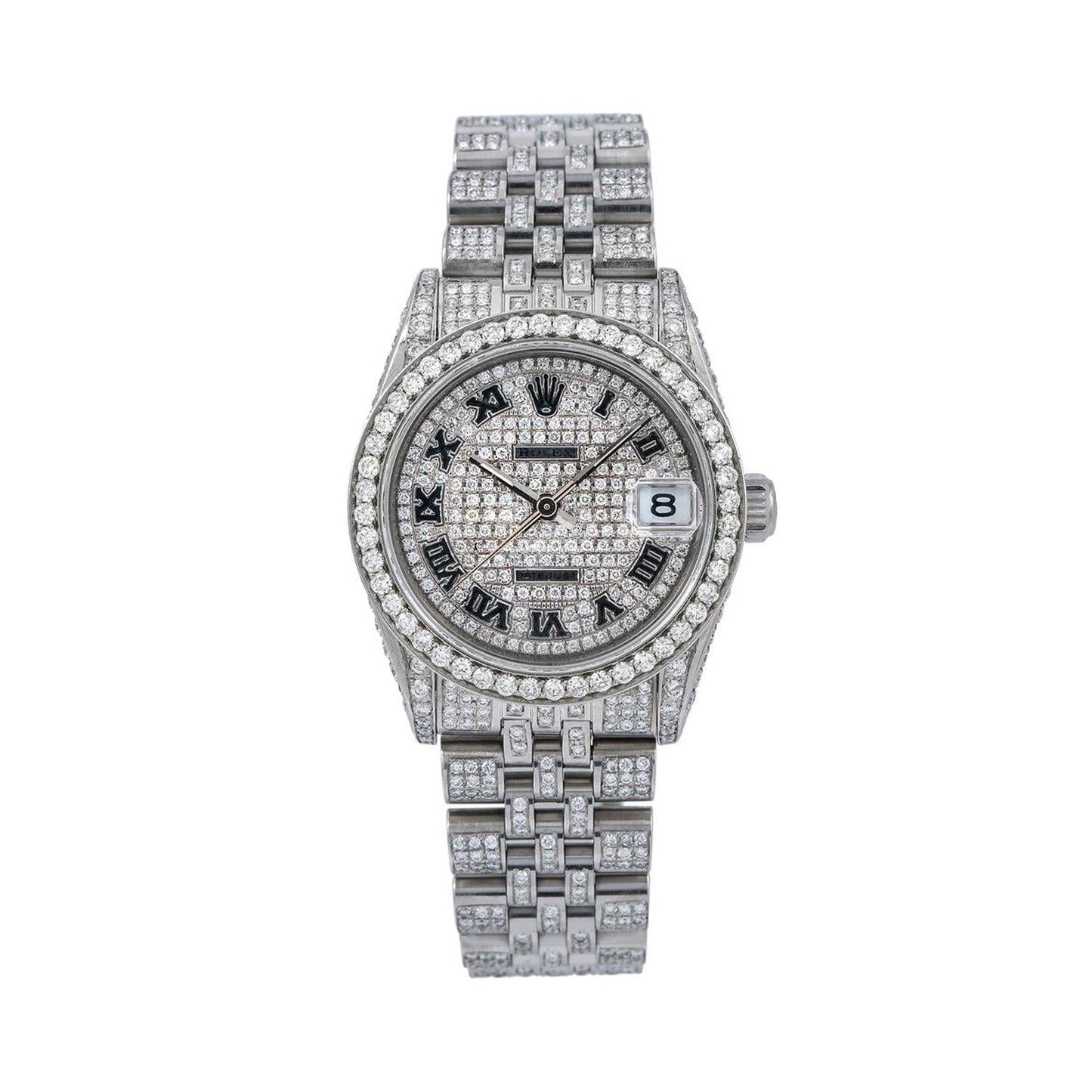 Rolex Datejust 31MM 68274 Diamond Paved Roman Dial Diamond Bezel Stainless Steel Full Diamond Jubilee Bracelet 12ct