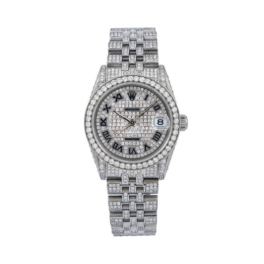Rolex Datejust 31MM 68274 Diamond Paved Roman Dial Diamond Bezel Stainless Steel Full Diamond Jubilee Bracelet 12ct