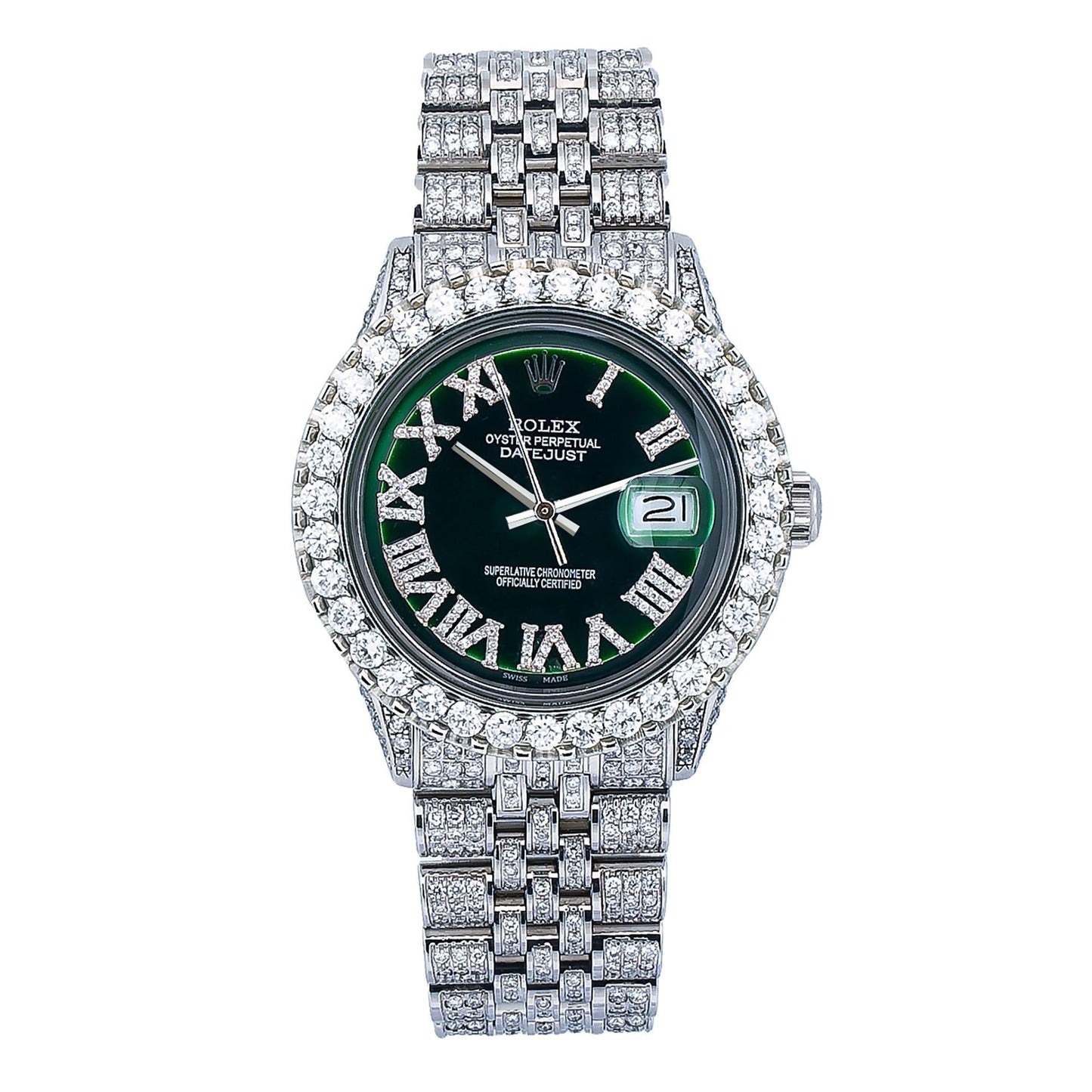 Rolex Datejust 36MM 1601 Green Roman Diamond Dial Diamond Bezel Stainless Steel Full Diamond Jubilee Bracelet 9.25ct