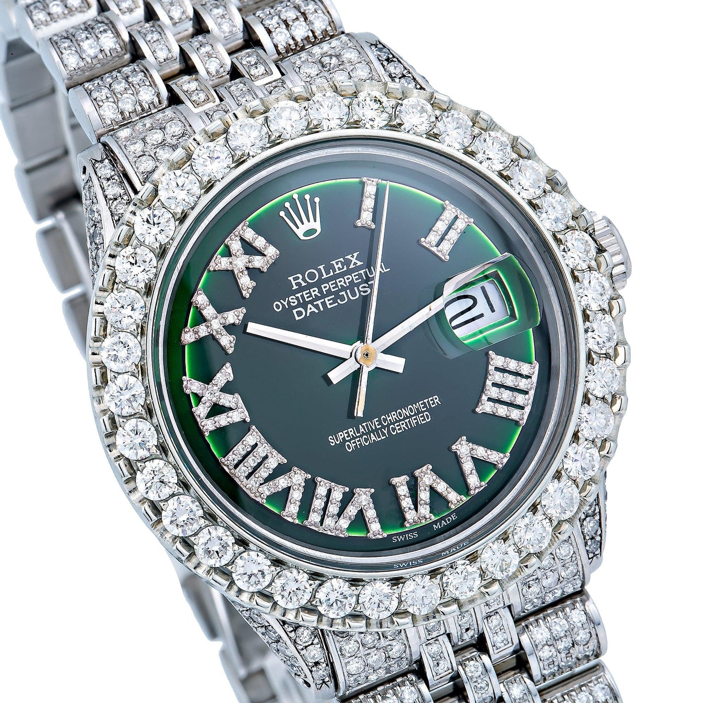 Rolex Datejust 36MM 1601 Green Roman Diamond Dial Diamond Bezel Stainless Steel Full Diamond Jubilee Bracelet 9.25ct