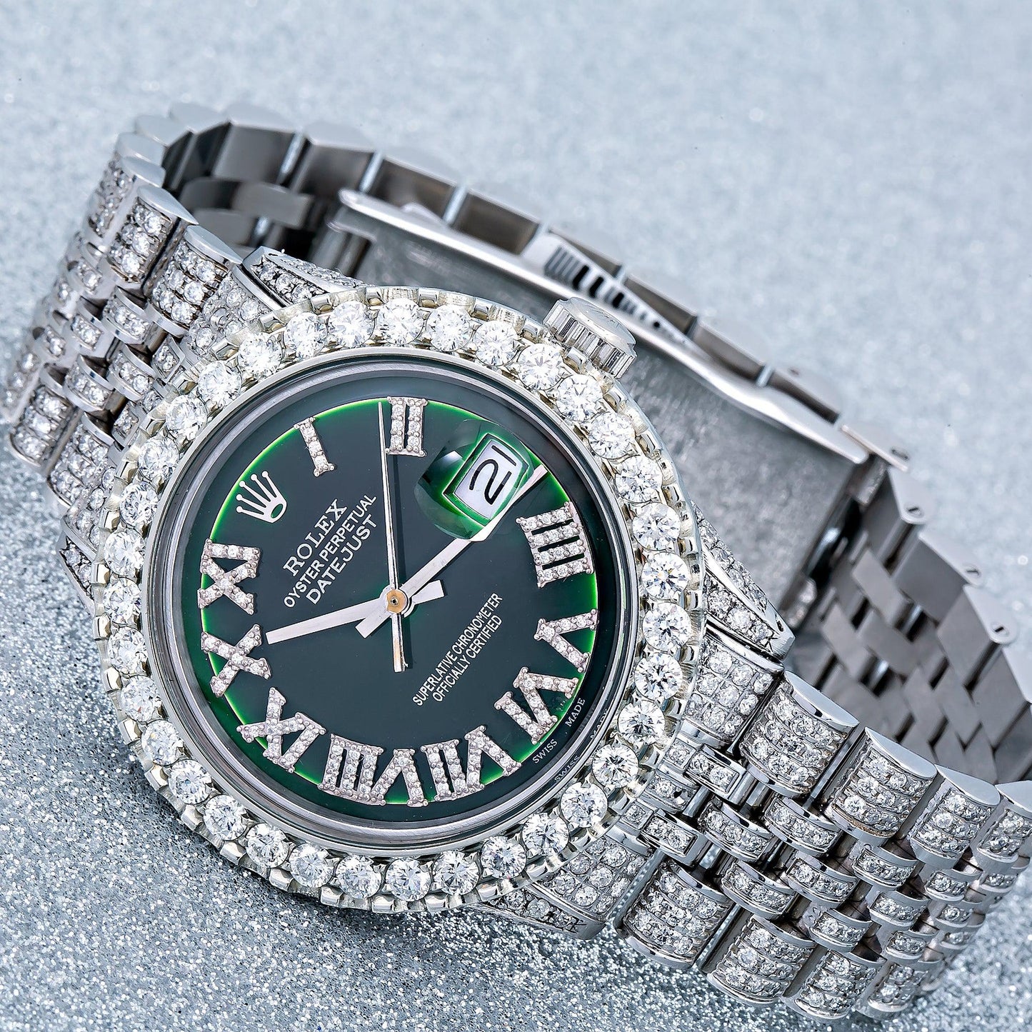 Rolex Datejust 36MM 1601 Green Roman Diamond Dial Diamond Bezel Stainless Steel Full Diamond Jubilee Bracelet 9.25ct