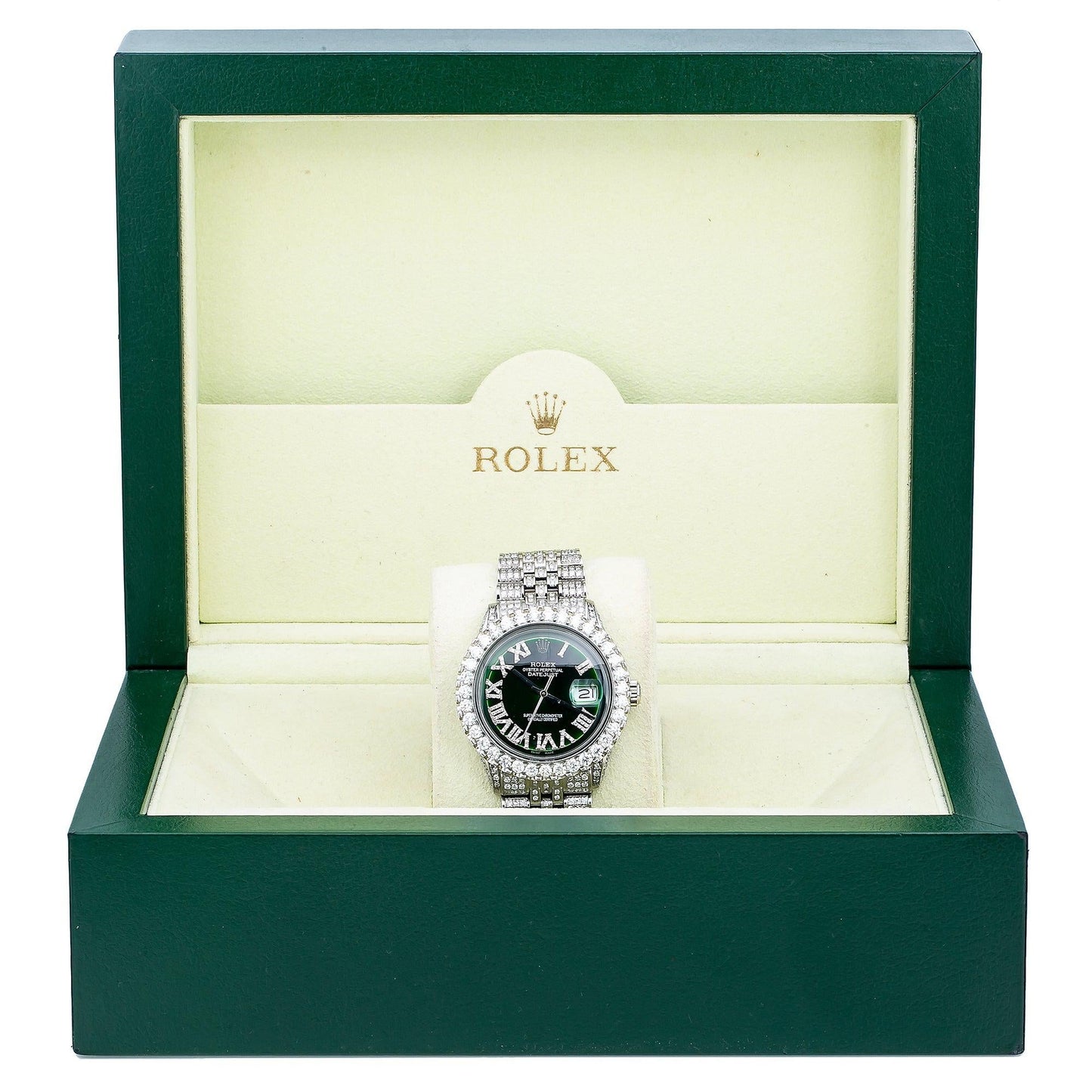 Rolex Datejust 36MM 1601 Green Roman Diamond Dial Diamond Bezel Stainless Steel Full Diamond Jubilee Bracelet 9.25ct