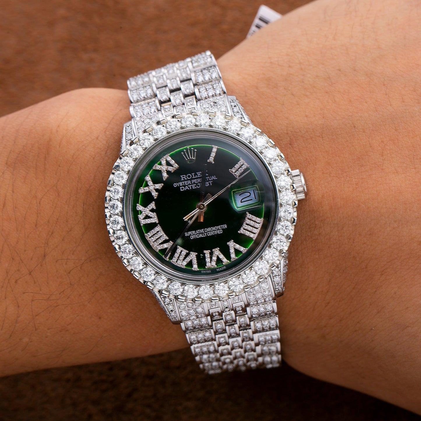 Rolex Datejust 36MM 1601 Green Roman Diamond Dial Diamond Bezel Stainless Steel Full Diamond Jubilee Bracelet 9.25ct