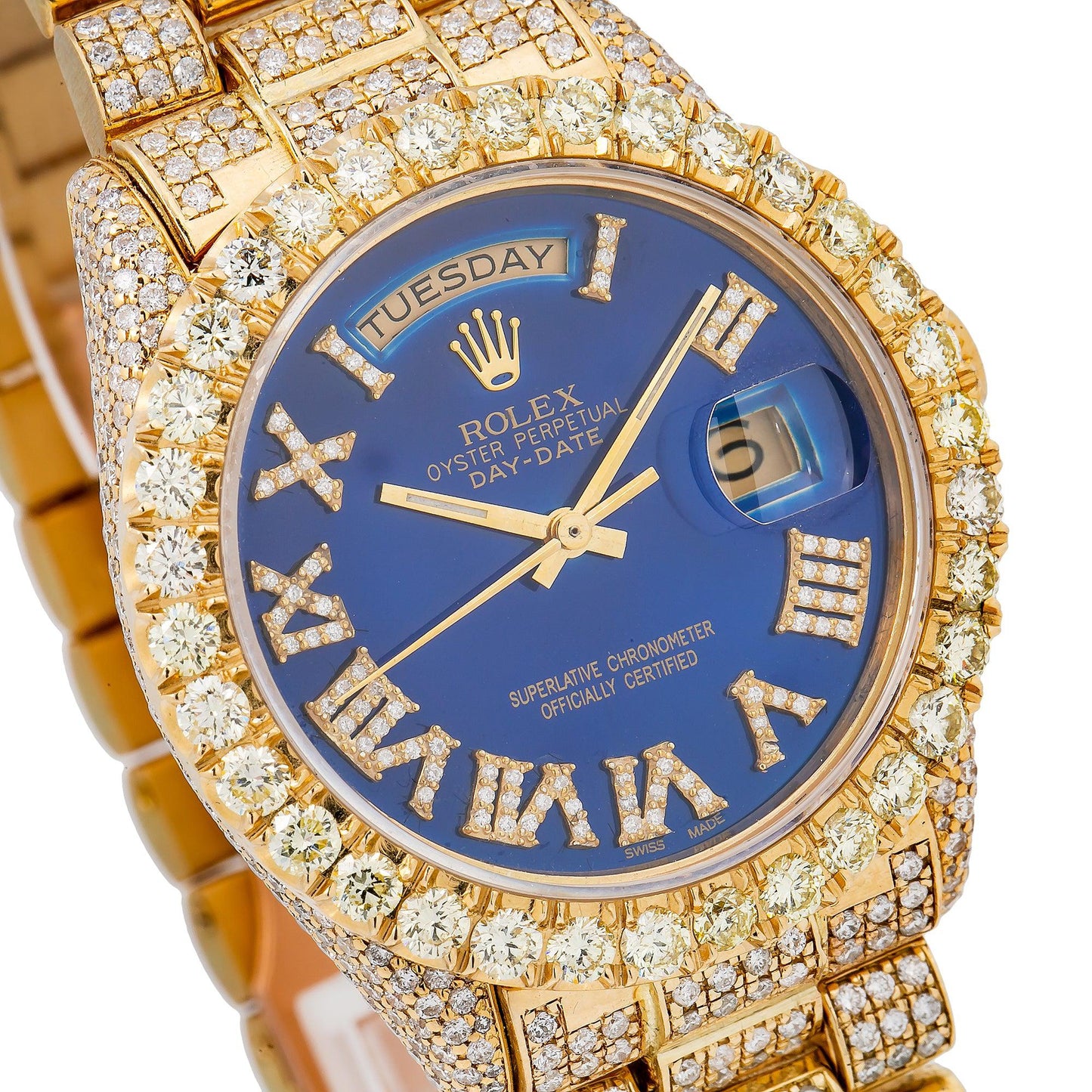 Rolex Day-Date 36MM 18038 Blue Roman Diamond Dial Diamond Bezel 18K Yellow Gold Full Diamond President Bracelet 15.75ct