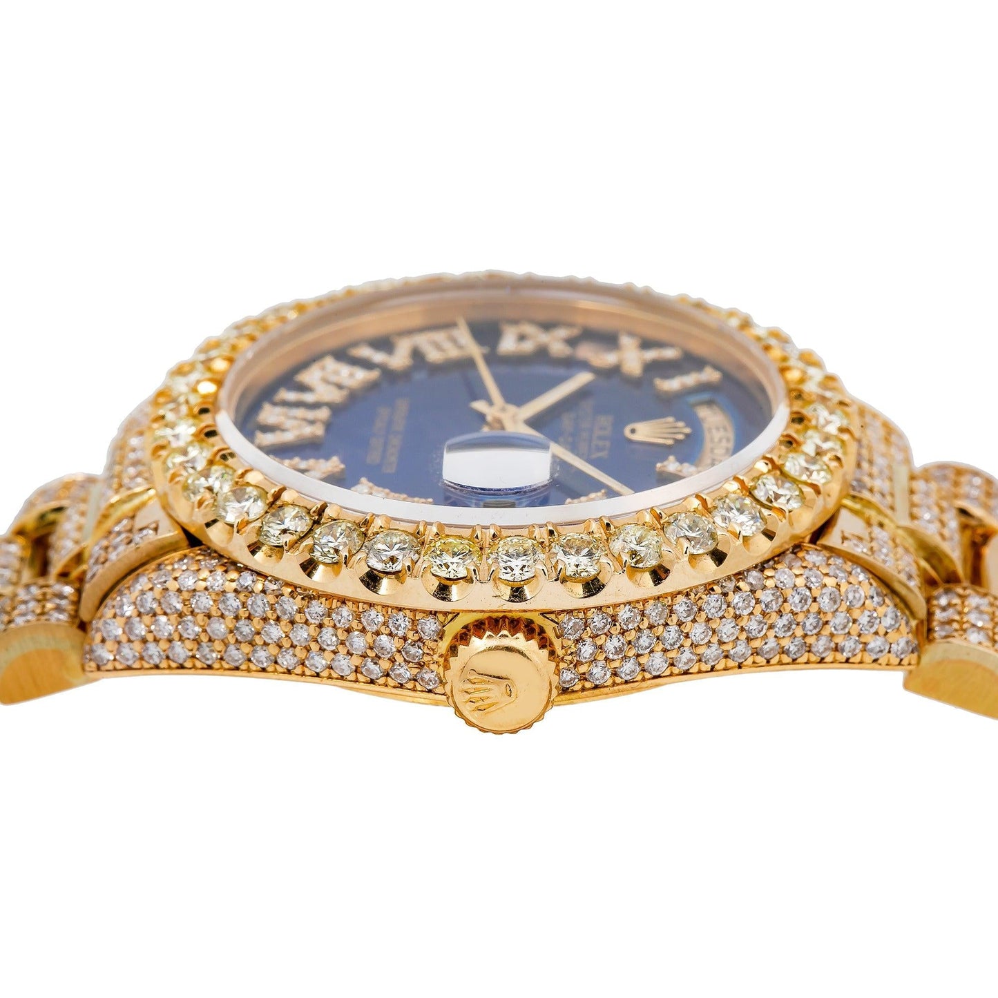 Rolex Day-Date 36MM 18038 Blue Roman Diamond Dial Diamond Bezel 18K Yellow Gold Full Diamond President Bracelet 15.75ct