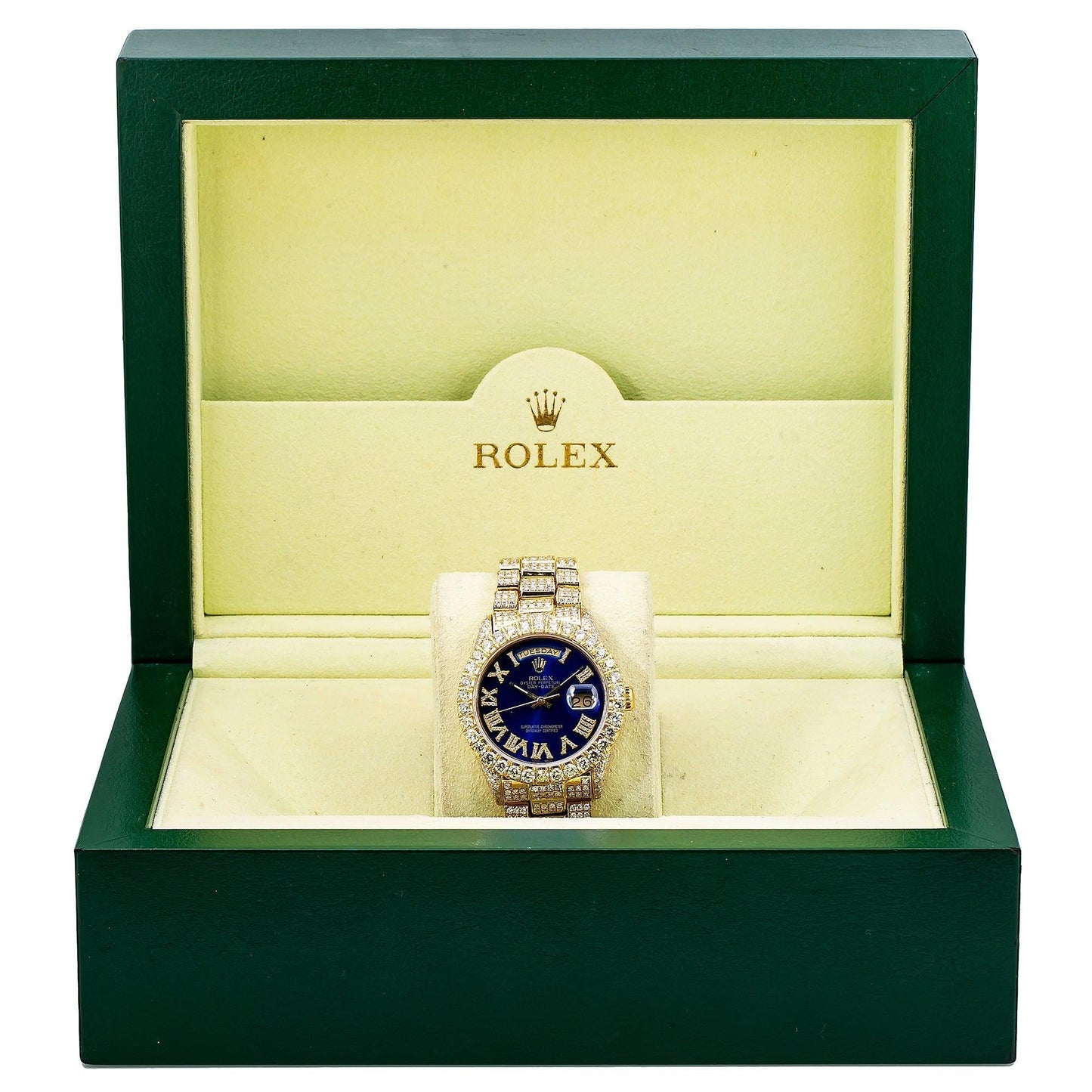 Rolex Day-Date 36MM 18038 Blue Roman Diamond Dial Diamond Bezel 18K Yellow Gold Full Diamond President Bracelet 15.75ct