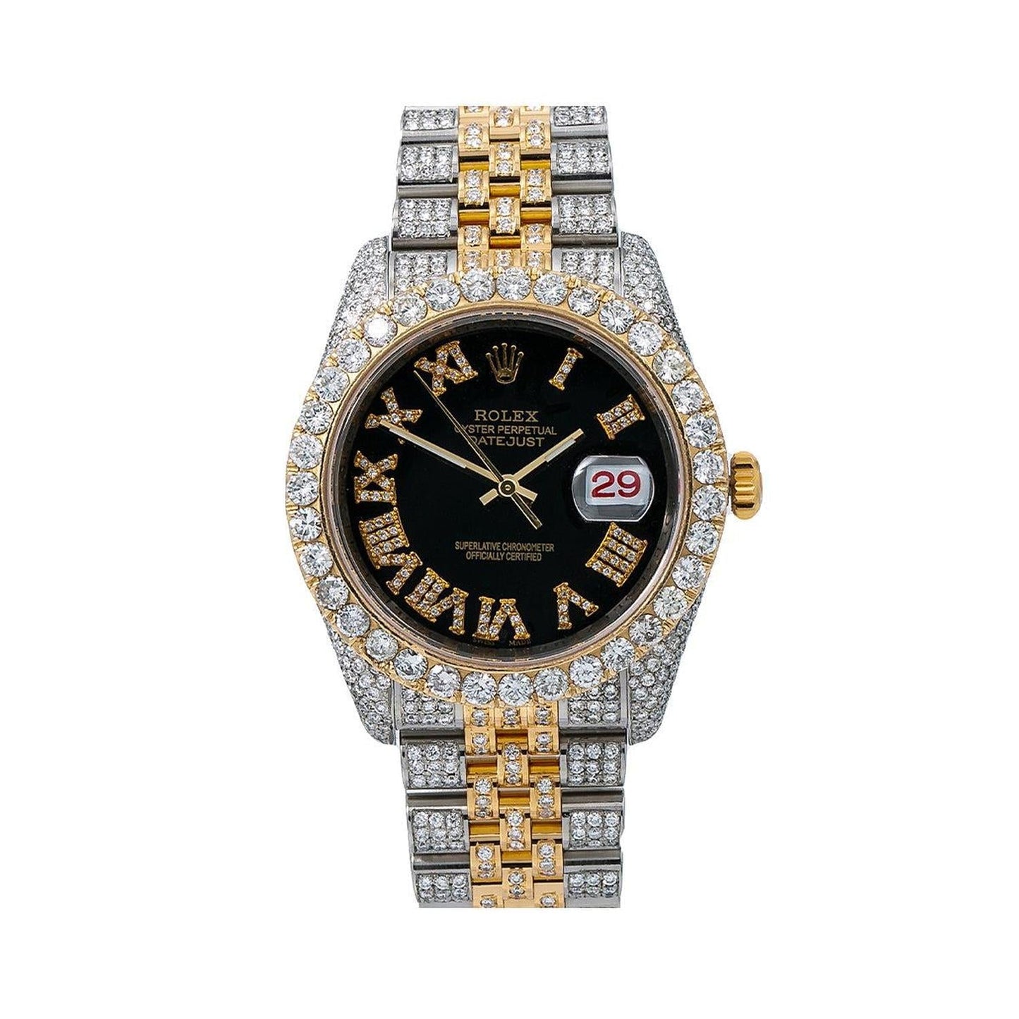 Rolex Datejust 36MM 116233 Black Roman Diamond Dial Diamond Bezel Two Tone Yellow Gold Full Diamond Jubilee Bracelet