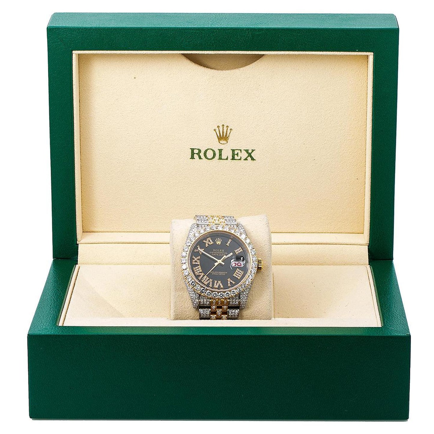 Rolex Datejust 36MM 116233 Black Roman Diamond Dial Diamond Bezel Two Tone Yellow Gold Full Diamond Jubilee Bracelet