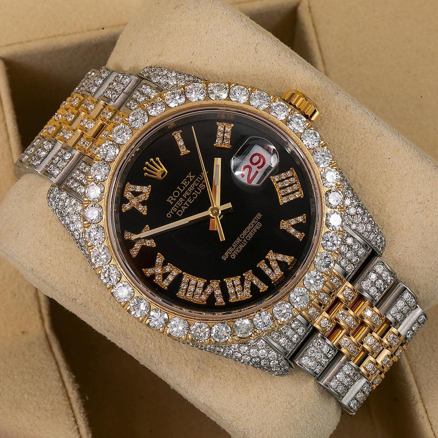 Rolex Datejust 36MM 116233 Black Roman Diamond Dial Diamond Bezel Two Tone Yellow Gold Full Diamond Jubilee Bracelet