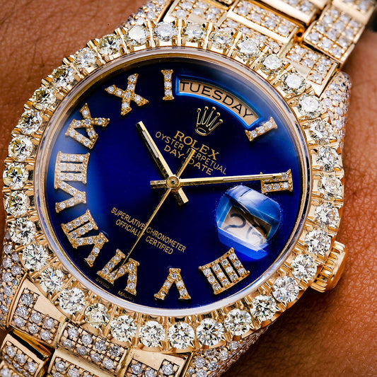 Rolex Day-Date 36MM 18038 Blue Roman Diamond Dial Diamond Bezel 18K Yellow Gold Full Diamond President Bracelet 15.75ct