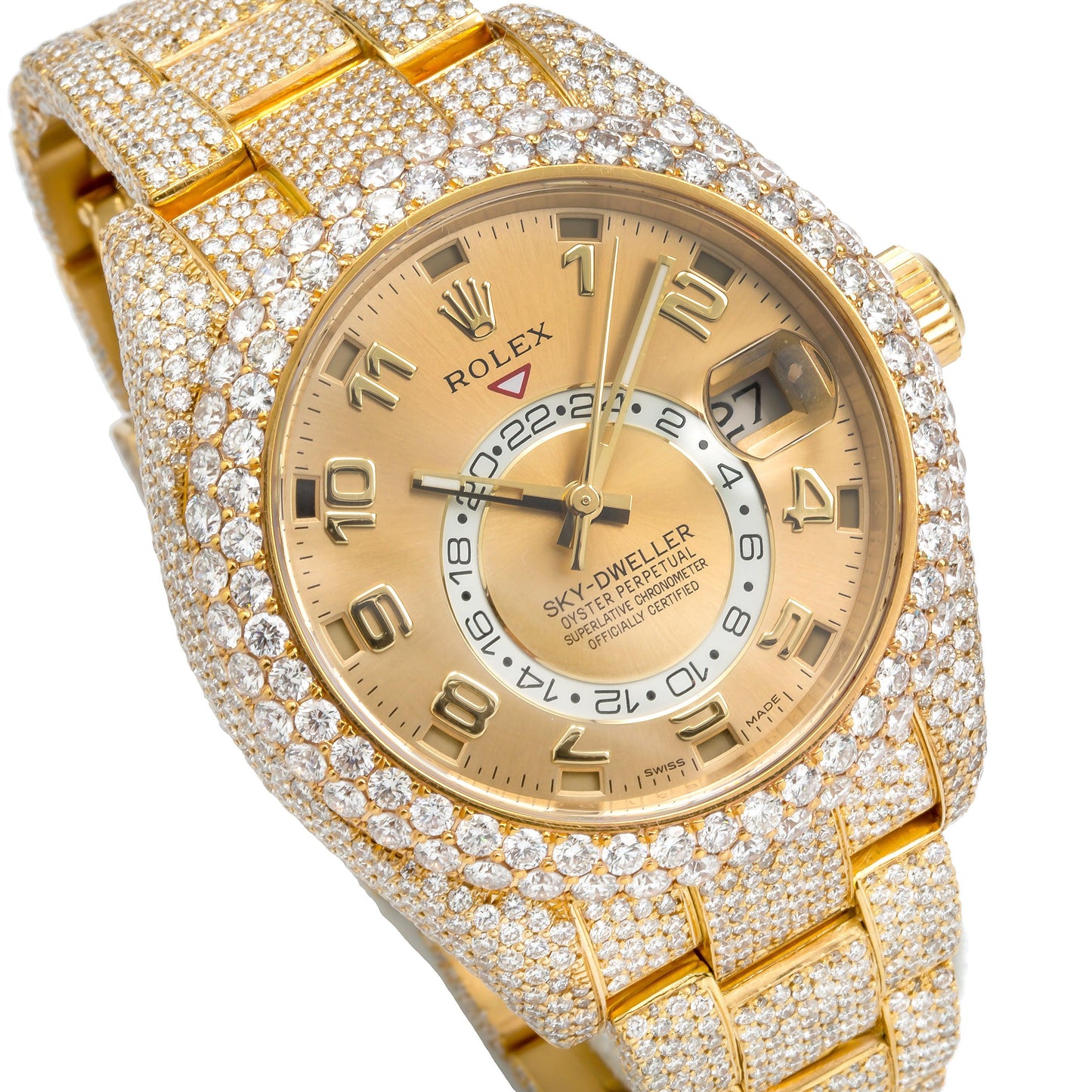 Rolex Sky-Dweller 42MM 326938 Champagne Dial Diamond Bezel 18K Yellow Gold Full Diamond Oyster Bracelet 23.75ct
