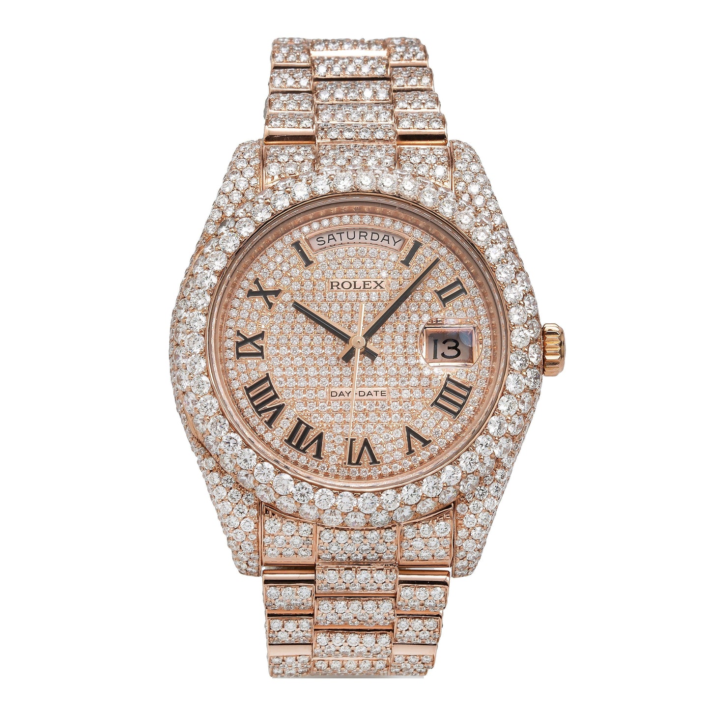 Rolex Day-Date II 41MM 218235 Diamond Paved Roman Dial Diamond Bezel 18K Rose Gold Full Diamond President Bracelet 21.75ct