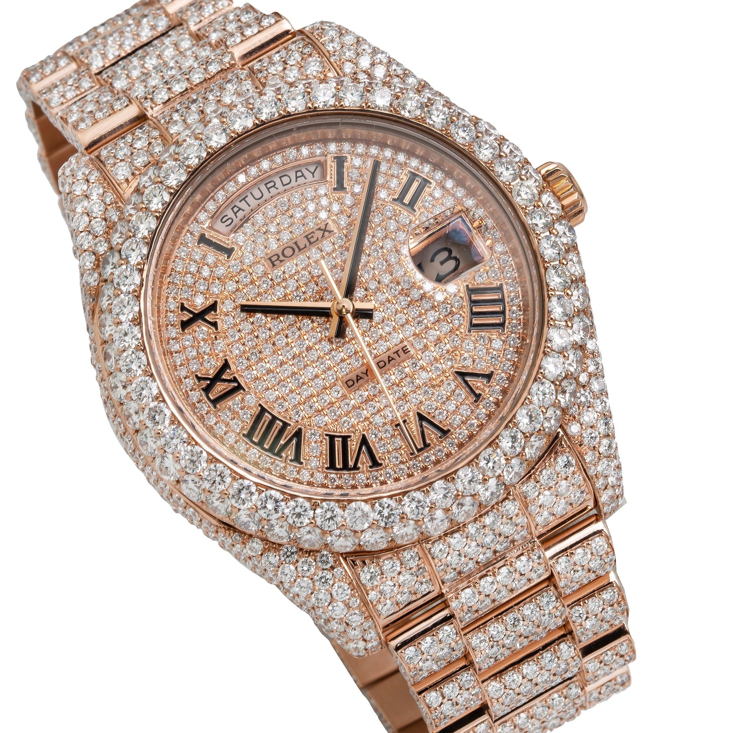 Rolex Day-Date II 41MM 218235 Diamond Paved Roman Dial Diamond Bezel 18K Rose Gold Full Diamond President Bracelet 21.75ct