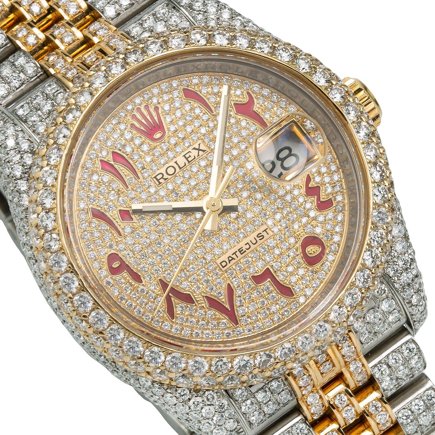 Rolex Datejust 36MM 116233 Diamond Paved Red Eastern Arabic Dial Diamond Bezel Two Tone Yellow Gold Full Diamond Jubilee Bracelet 13.25ct