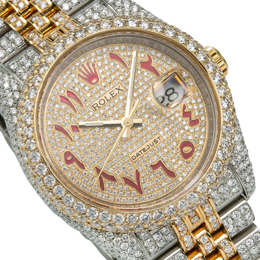 Rolex Datejust 36MM 116233 Diamond Paved Red Eastern Arabic Dial Diamond Bezel Two Tone Yellow Gold Full Diamond Jubilee Bracelet 13.25ct