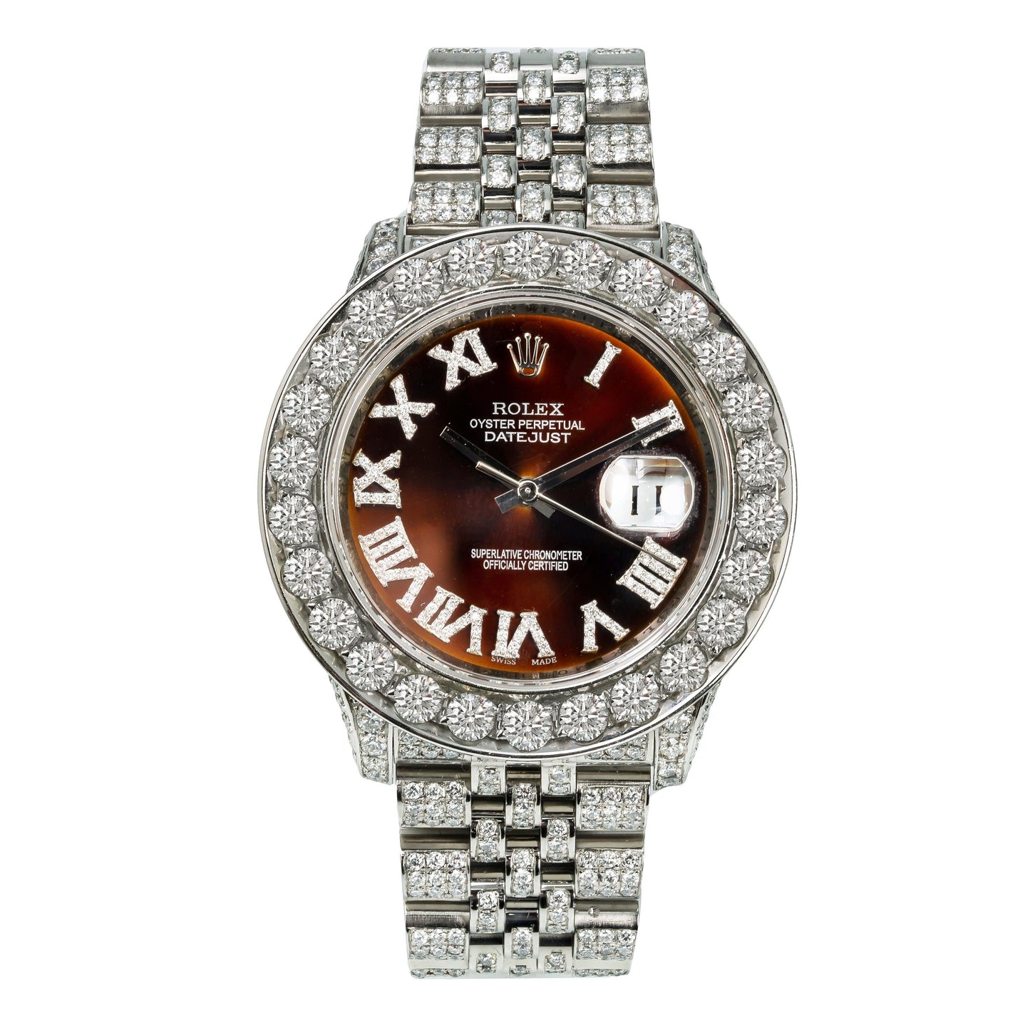 Rolex Datejust 36MM 116234 Brown Roman Diamond Dial Diamond Bezel Stainless Steel Full Diamond Jubilee Bracelet 15.25ct