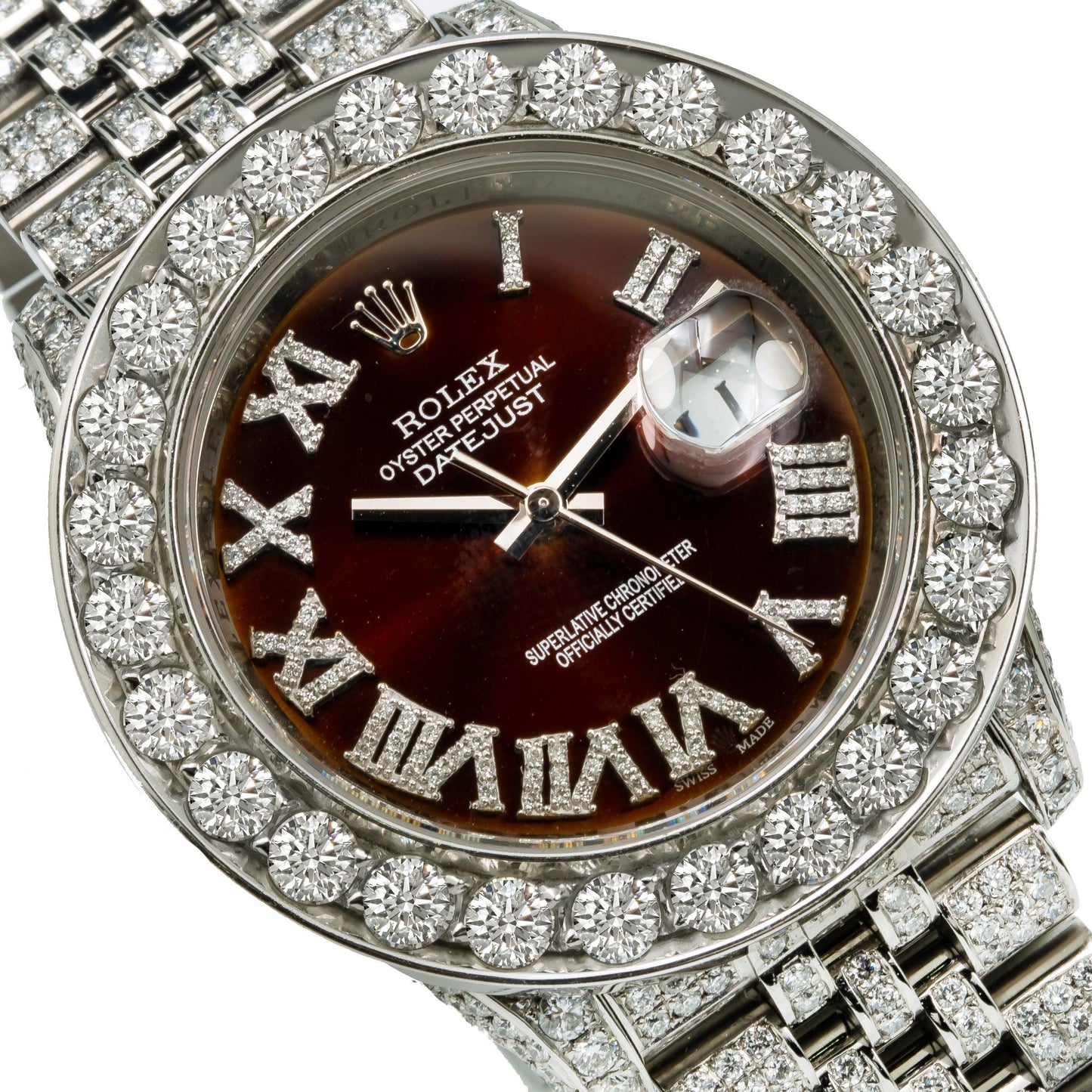 Rolex Datejust 36MM 116234 Brown Roman Diamond Dial Diamond Bezel Stainless Steel Full Diamond Jubilee Bracelet 15.25ct