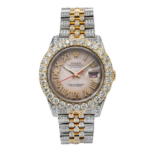 Rolex Datejust 36MM 116263 Pink Mother of Pearl Roman Diamond Dial Diamond Bezel Two Tone Yellow Gold Full Diamond Jubilee Bracelet 13.75ct