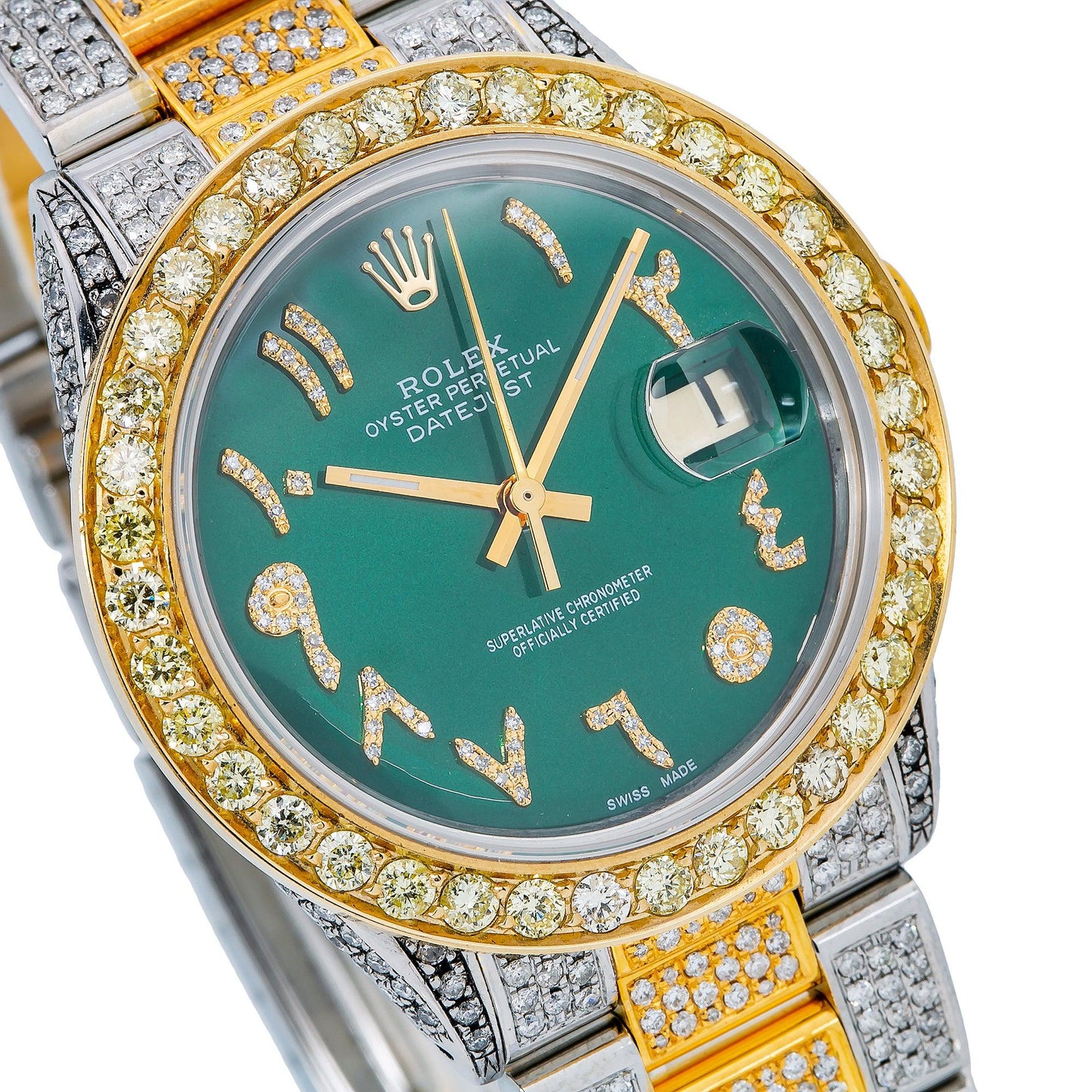 Rolex Datejust 36MM 1601 Green Eastern Arabic Diamond Dial Diamond Bezel Two Tone Yellow Gold Full Diamond Oyster Bracelet