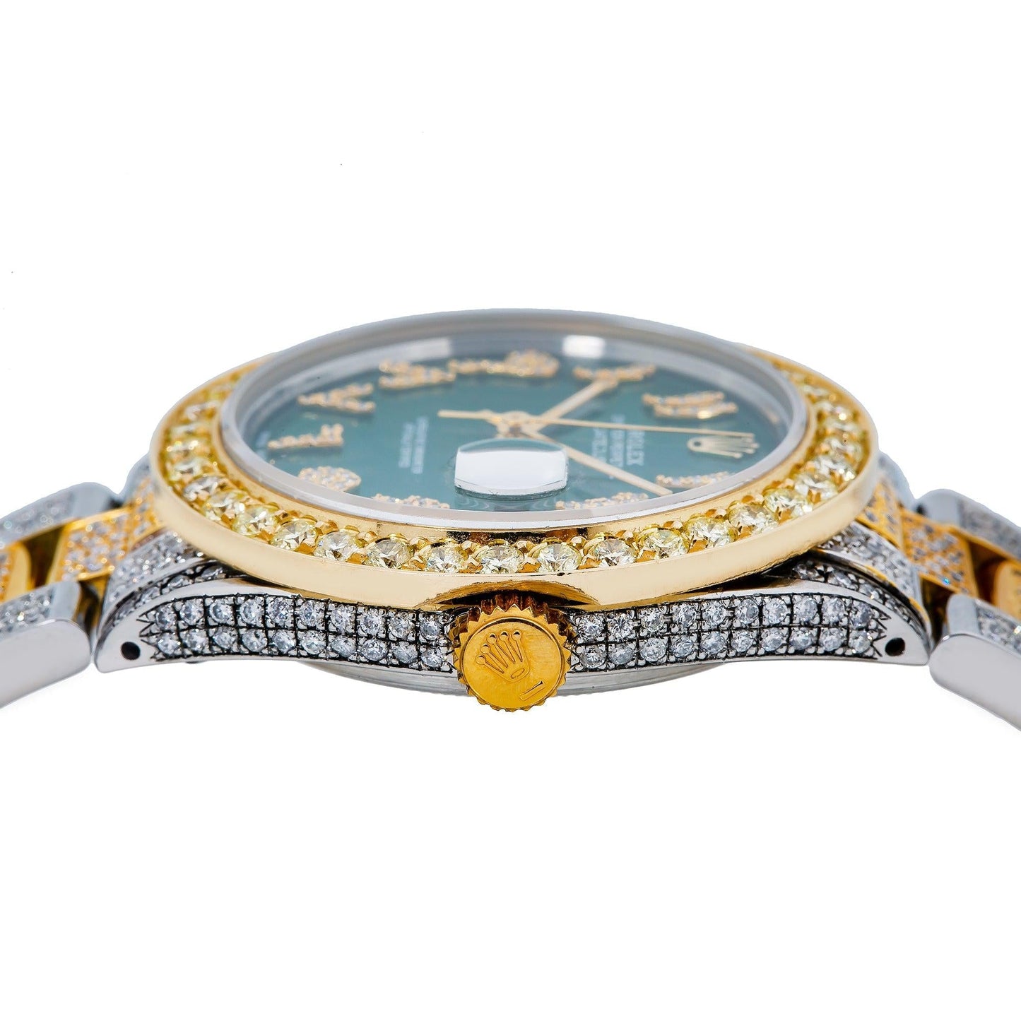 Rolex Datejust 36MM 1601 Green Eastern Arabic Diamond Dial Diamond Bezel Two Tone Yellow Gold Full Diamond Oyster Bracelet