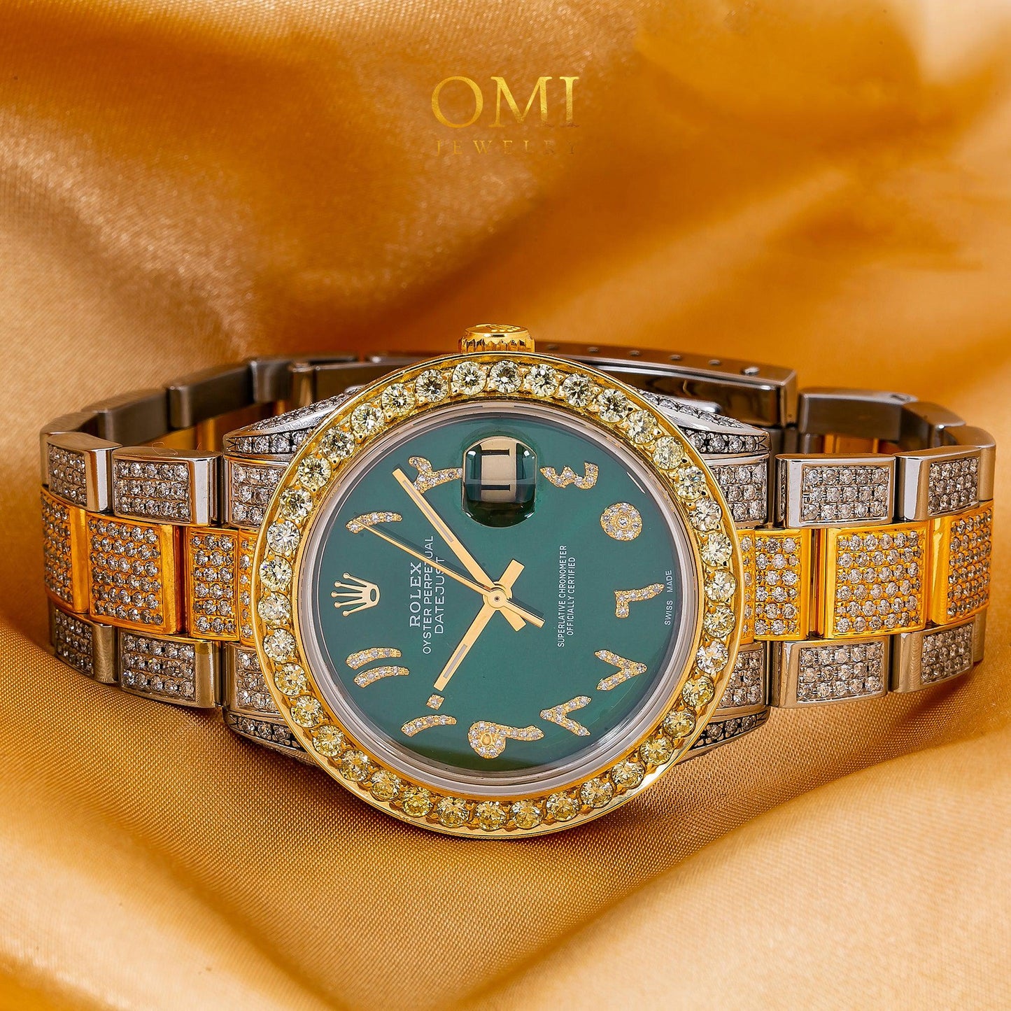 Rolex Datejust 36MM 1601 Green Eastern Arabic Diamond Dial Diamond Bezel Two Tone Yellow Gold Full Diamond Oyster Bracelet