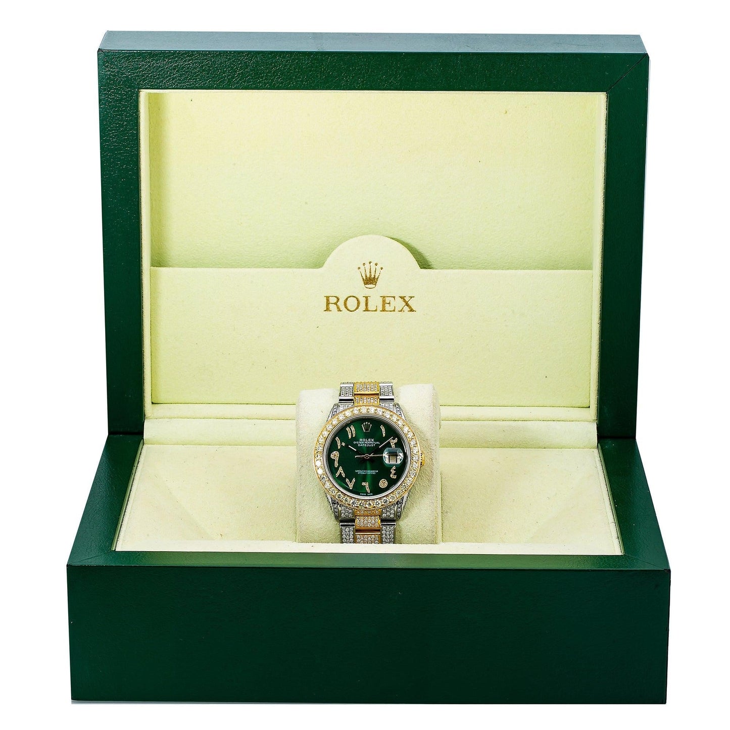 Rolex Datejust 36MM 1601 Green Eastern Arabic Diamond Dial Diamond Bezel Two Tone Yellow Gold Full Diamond Oyster Bracelet