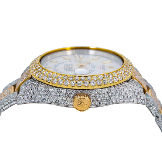 Rolex Sky-Dweller 42MM 326933 White Dial Diamond Bezel Two Tone Yellow Gold Full Diamond Oyster Bracelet 16.75ct