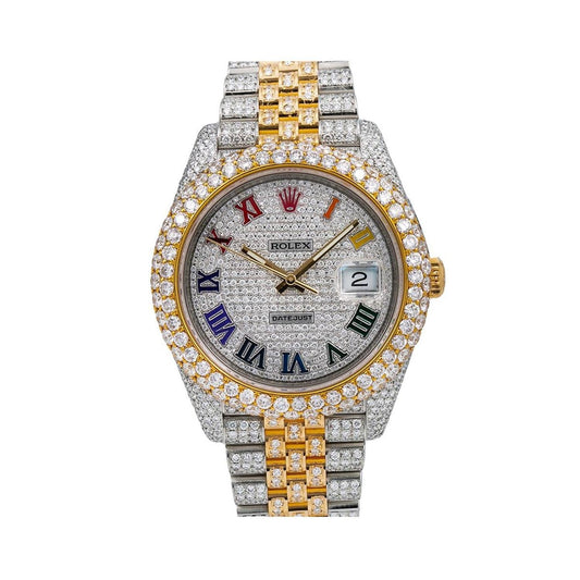 Rolex Datejust 41MM 126303 Diamond Paved Rainbow Roman Dial Diamond Bezel Two Tone Yellow Gold Full Diamond Jubilee Bracelet