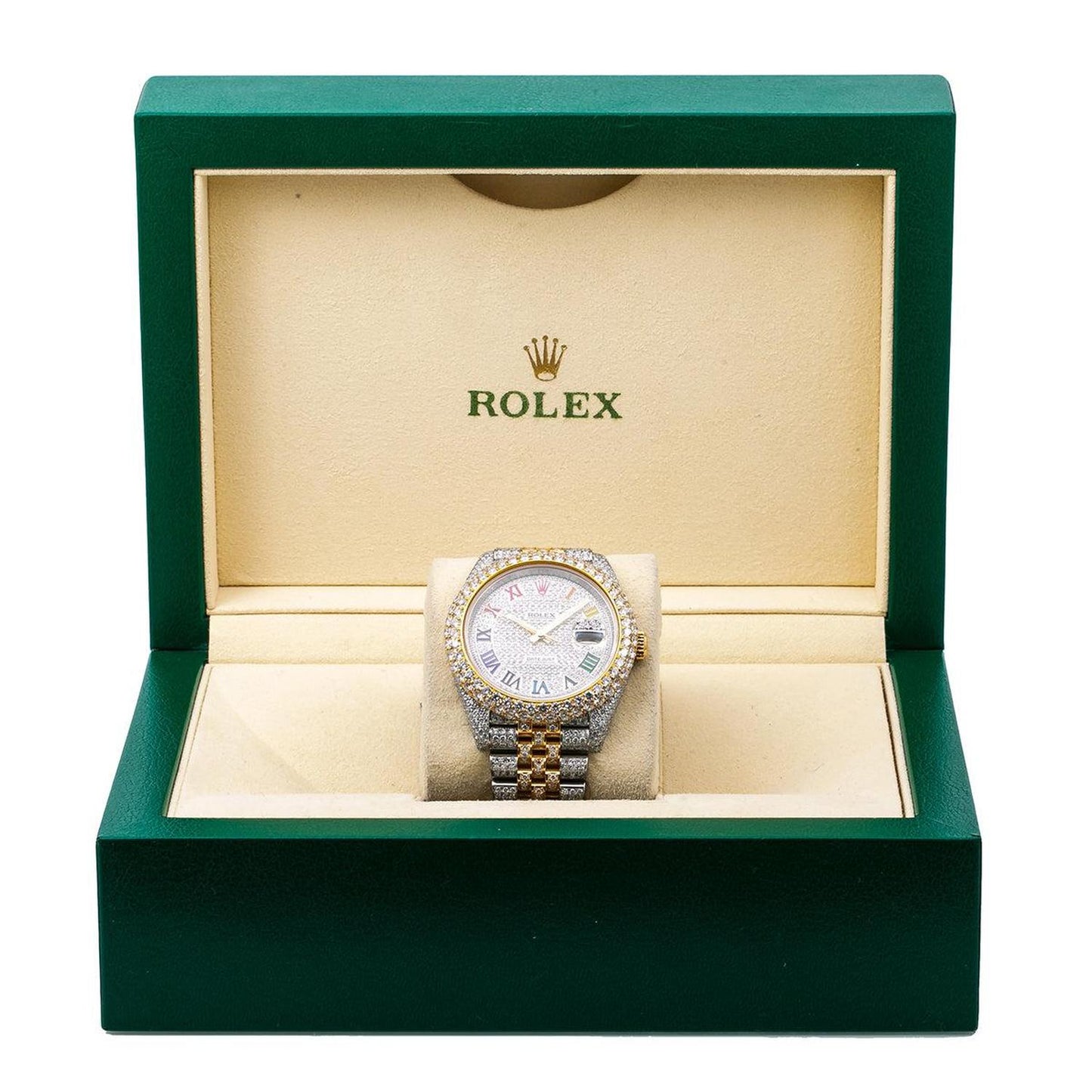 Rolex Datejust 41MM 126303 Diamond Paved Rainbow Roman Dial Diamond Bezel Two Tone Yellow Gold Full Diamond Jubilee Bracelet