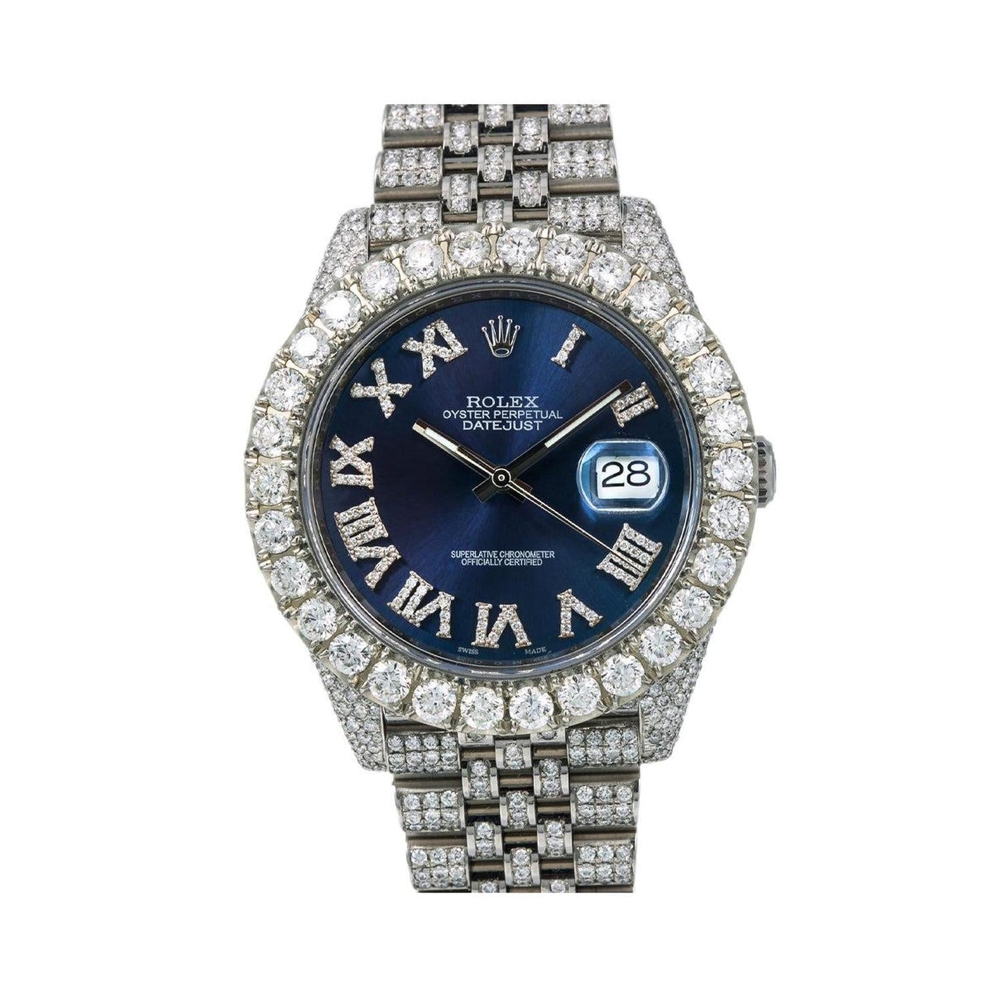 Rolex Datejust 41MM 126300 Blue Roman Diamond Dial Diamond Bezel Stainless Steel Full Diamond Jubilee Bracelet