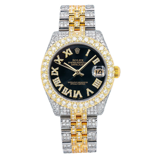 Rolex Datejust 31MM 178273 Black Roman Diamond Dial Diamond Bezel Two Tone Yellow Gold Full Diamond Jubilee Bracelet