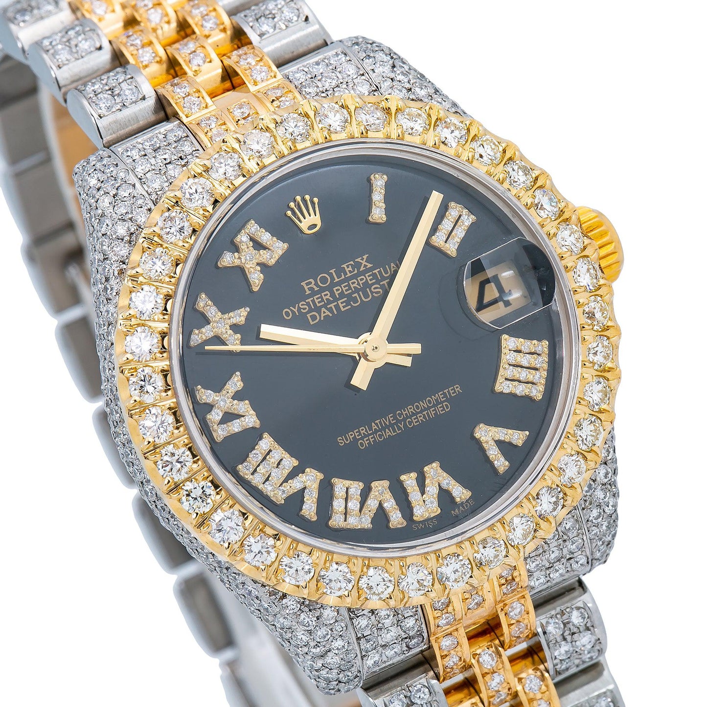 Rolex Datejust 31MM 178273 Black Roman Diamond Dial Diamond Bezel Two Tone Yellow Gold Full Diamond Jubilee Bracelet