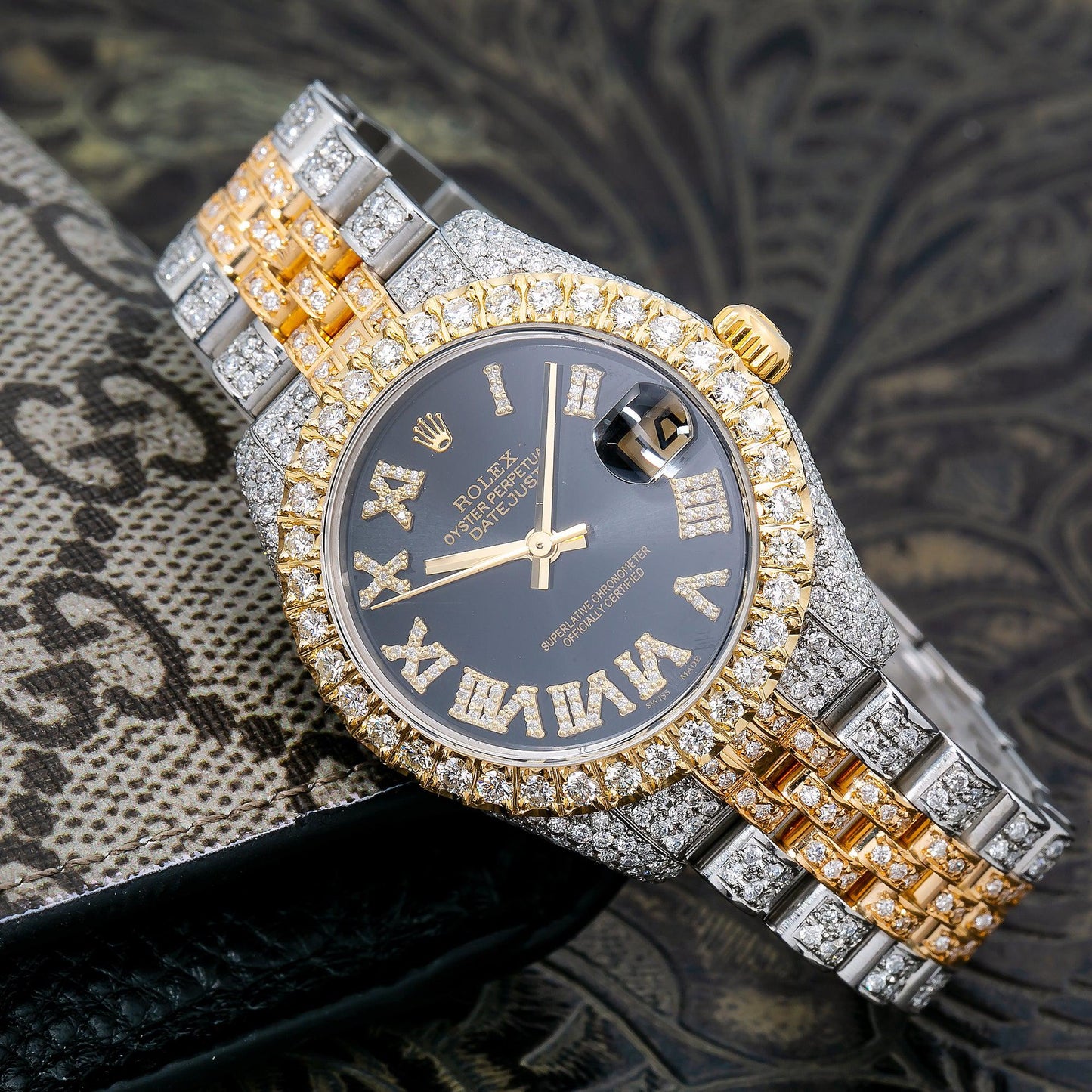 Rolex Datejust 31MM 178273 Black Roman Diamond Dial Diamond Bezel Two Tone Yellow Gold Full Diamond Jubilee Bracelet