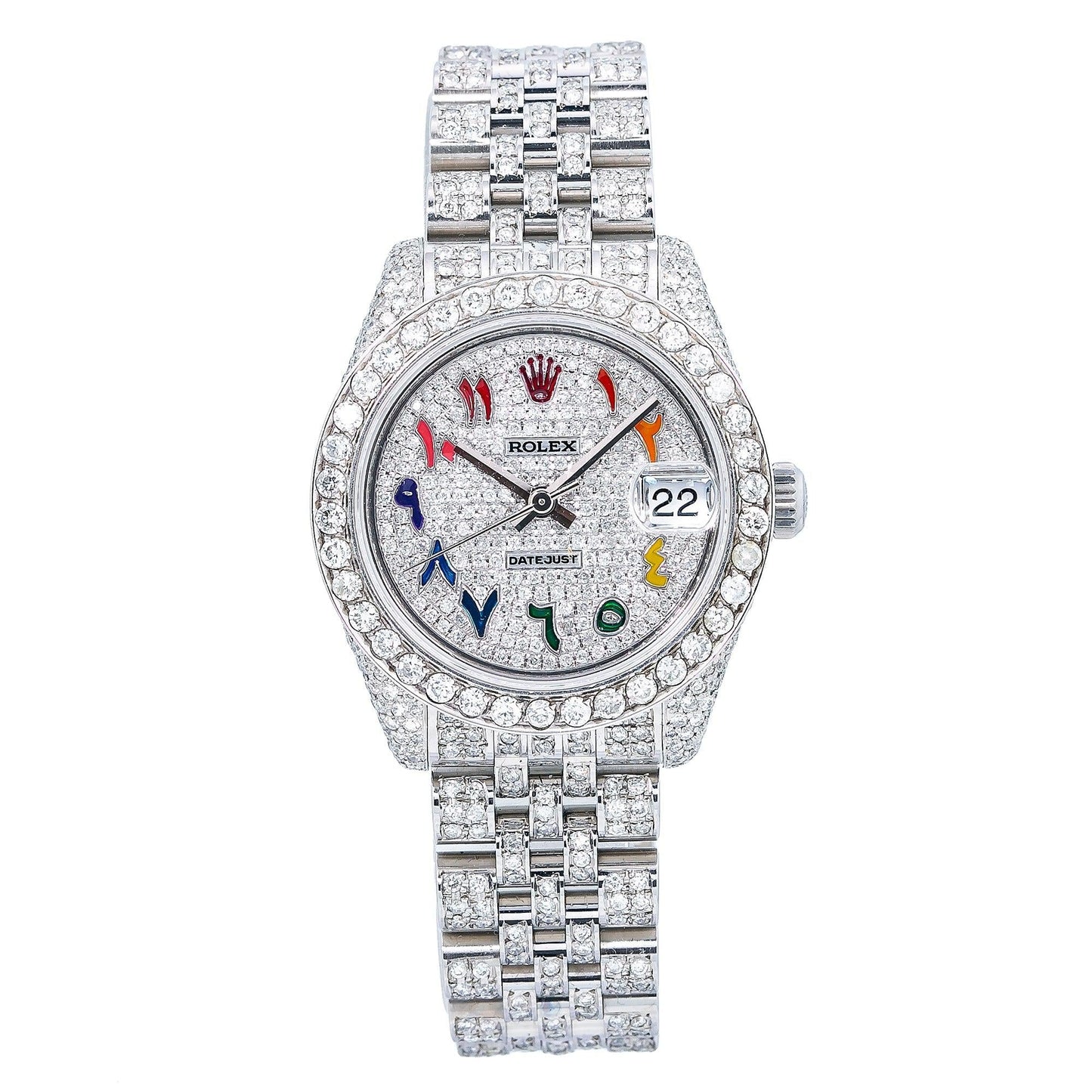 Rolex Datejust 31MM 178240 Diamond Paved Rainbow Eastern Arabic Dial Diamond Bezel Stainless Steel Full Diamond Jubilee Bracelet