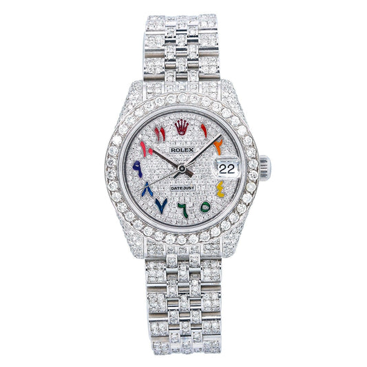 Rolex Datejust 31MM 178240 Diamond Paved Rainbow Eastern Arabic Dial Diamond Bezel Stainless Steel Full Diamond Jubilee Bracelet