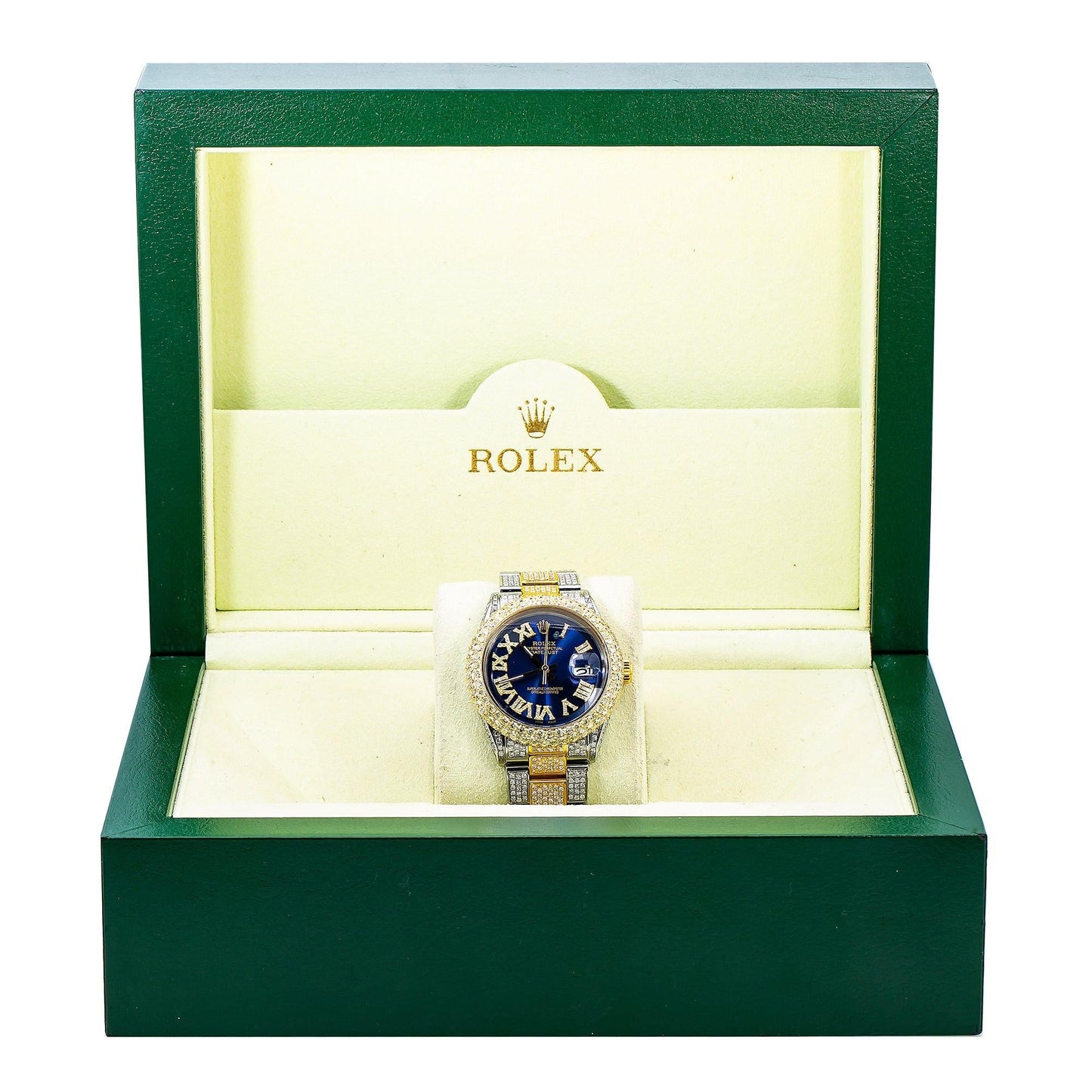 Rolex Datejust 36MM 1601 Blue Roman Diamond Dial Diamond Bezel Two Tone Yellow Gold Full Diamond Oyster Bracelet