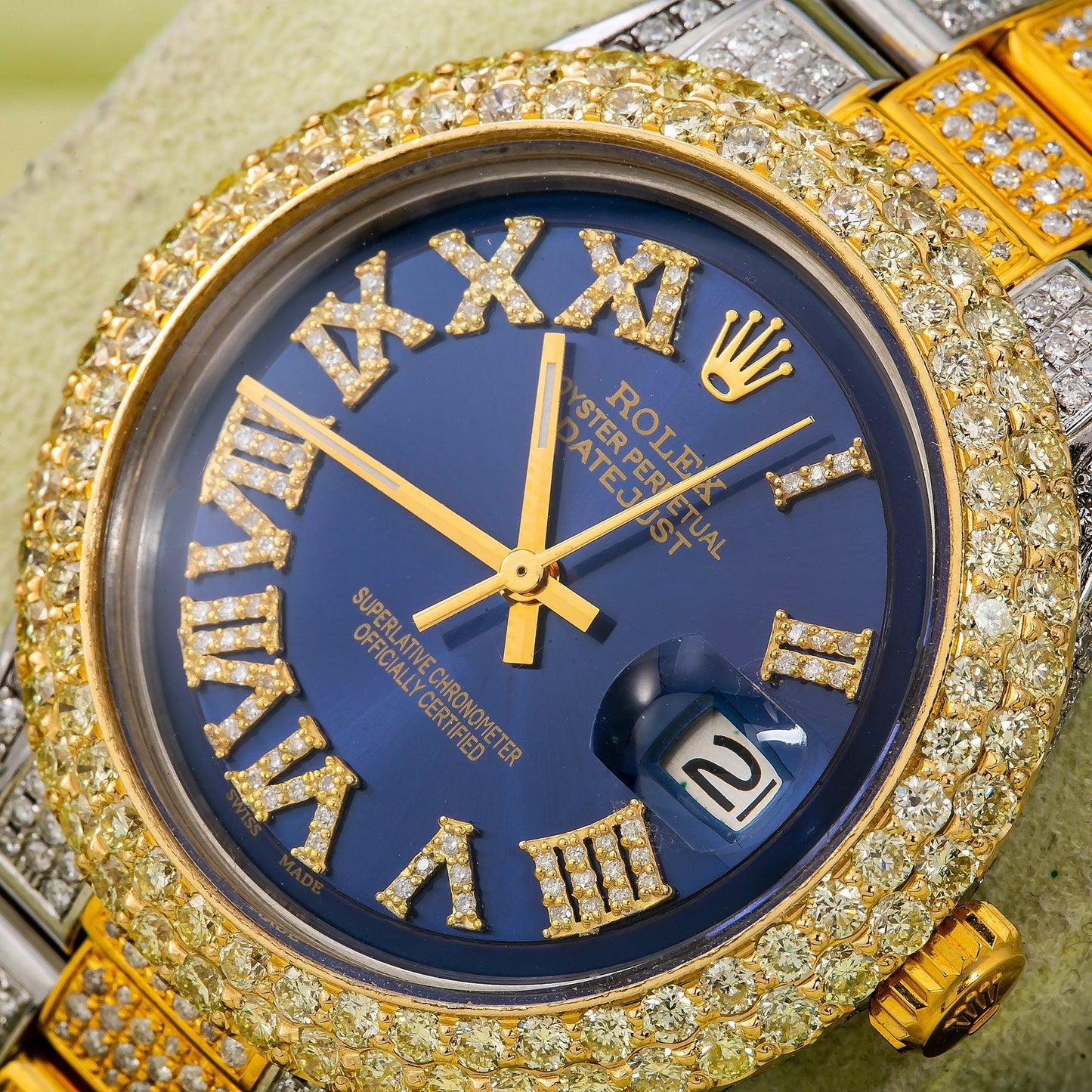 Rolex Datejust 36MM 1601 Blue Roman Diamond Dial Diamond Bezel Two Tone Yellow Gold Full Diamond Oyster Bracelet