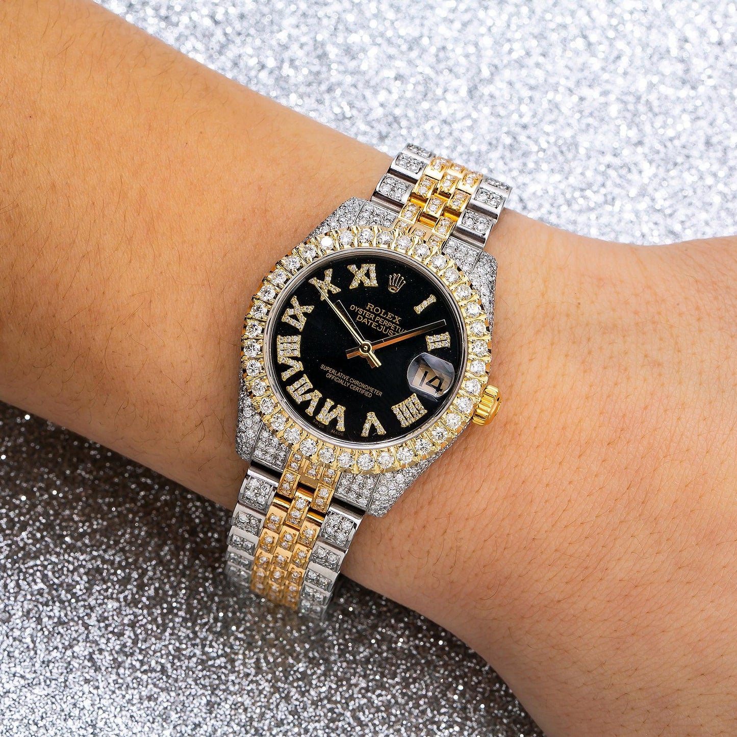 Rolex Datejust 31MM 178273 Black Roman Diamond Dial Diamond Bezel Two Tone Yellow Gold Full Diamond Jubilee Bracelet