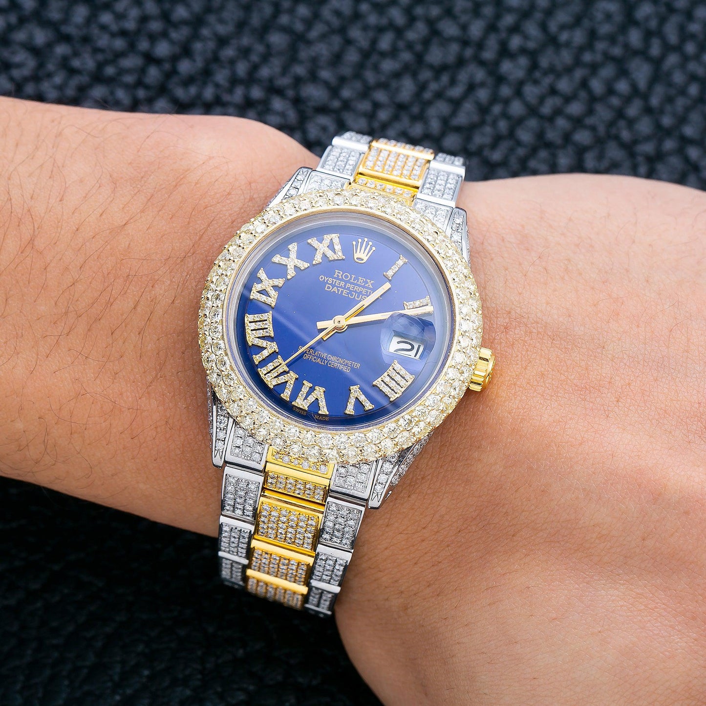 Rolex Datejust 36MM 1601 Blue Roman Diamond Dial Diamond Bezel Two Tone Yellow Gold Full Diamond Oyster Bracelet