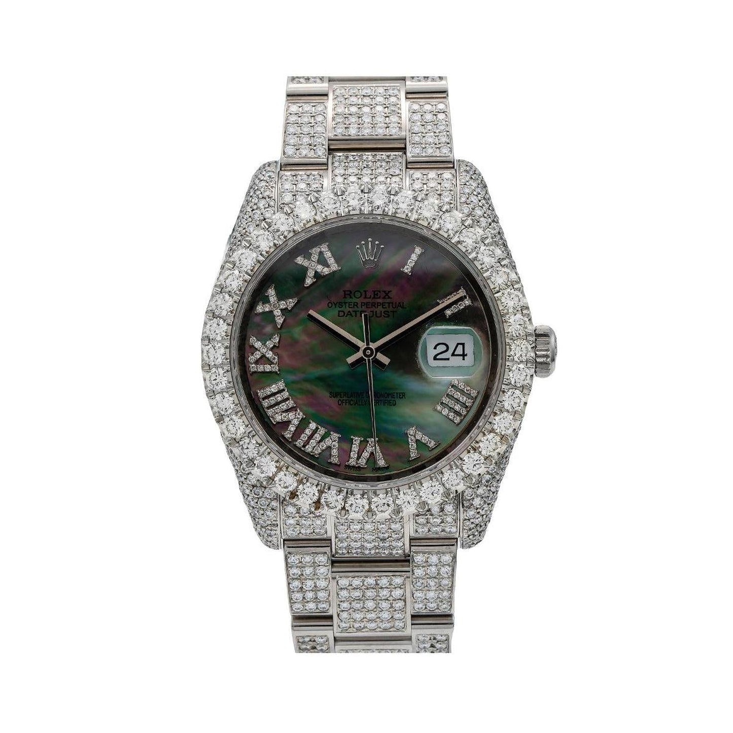 Rolex Datejust 36MM 116234 Black Mother of Pearl Roman Diamond Dial Diamond Bezel Stainless Steel Full Diamond Oyster Bracelet 12.05ct