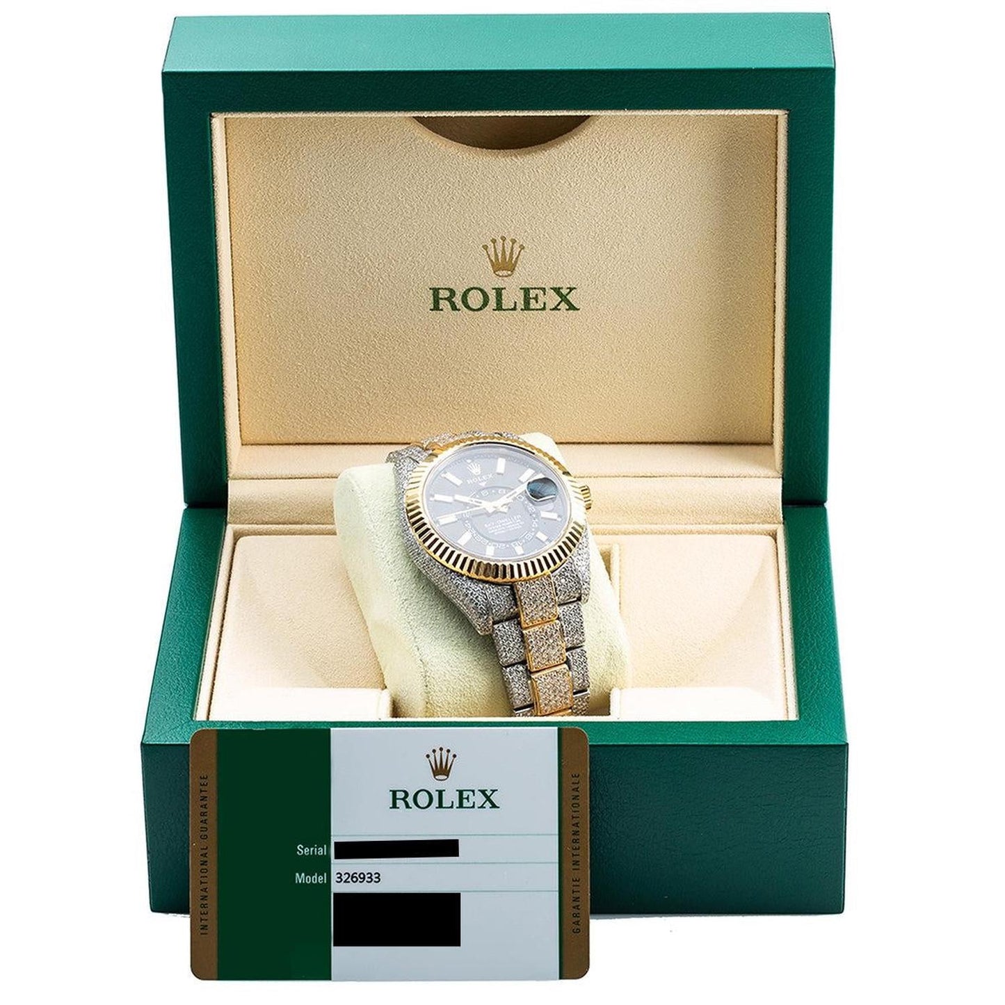 Rolex Sky-Dweller 42MM 326933 Black Dial Fluted Bezel Two Tone Yellow Gold Full Diamond Oyster Bracelet 21.5ct